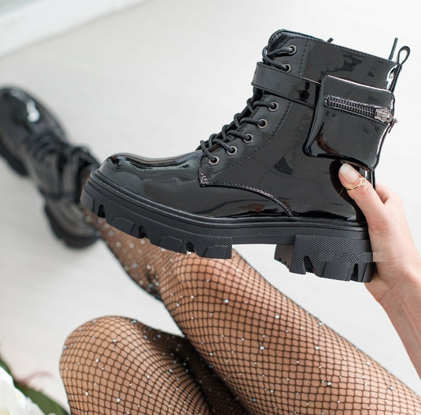womens black patent biker boots