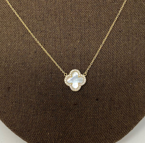 Long Gold Mother of Pearl Designer Inspired Clover Necklace