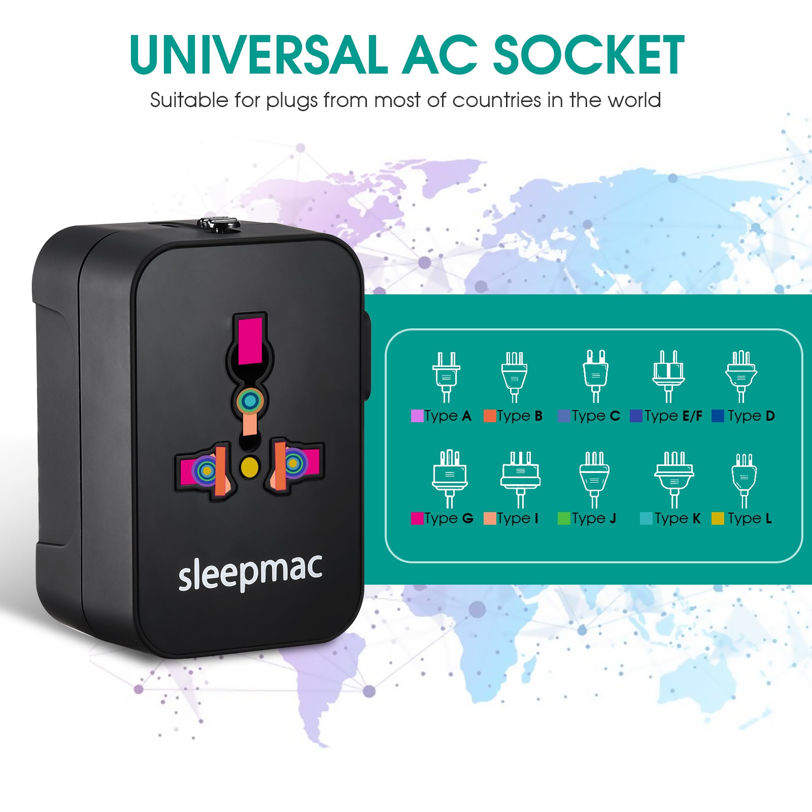 Sleepmac Universal Travel Adapter; 200+ Countries, sleepmac