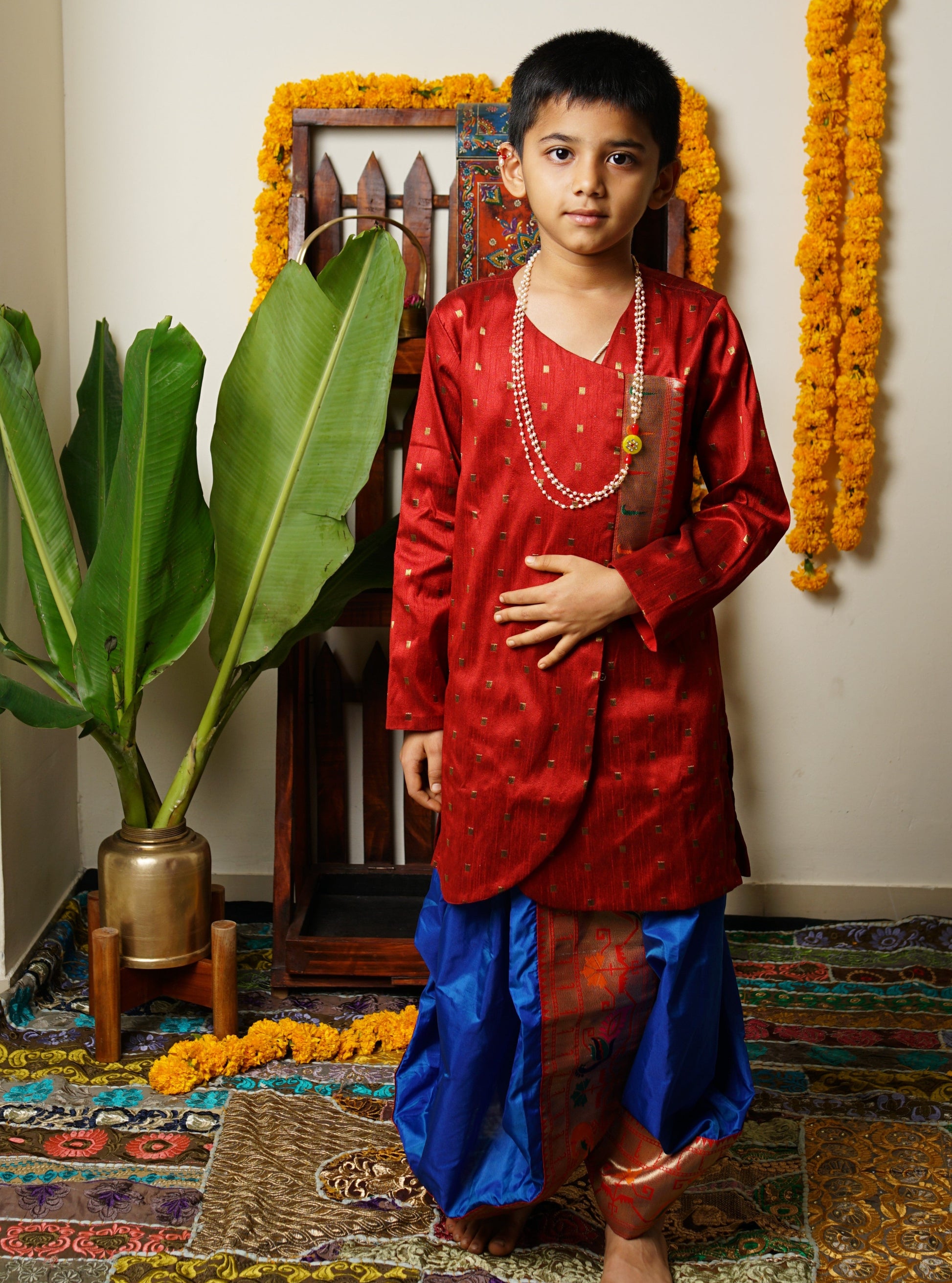 Deep red colored bhagalpuri silk with jari butta Round neck Kurta Soyara Ethnics Studio
