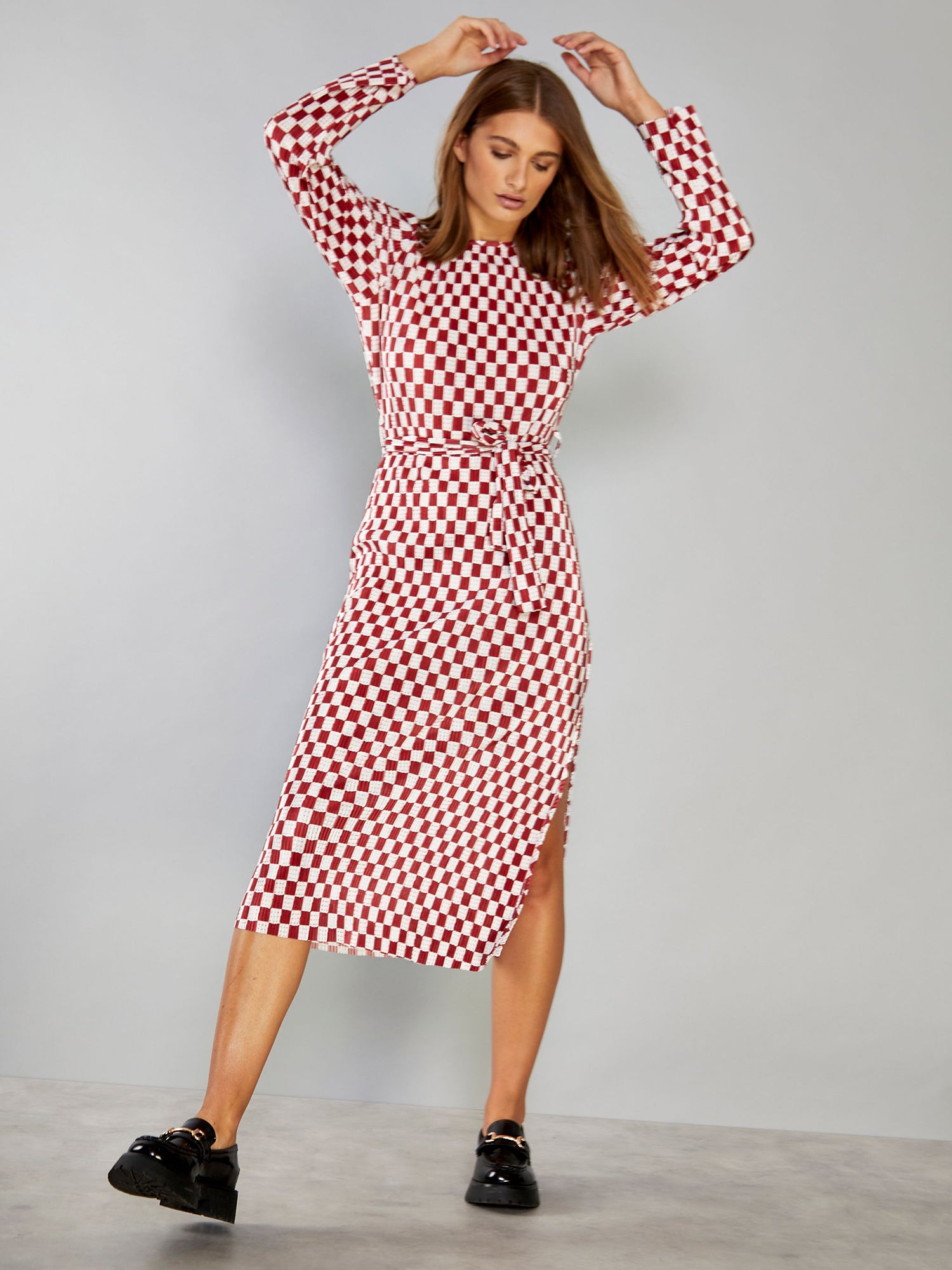 Glamorous Dark Red Check Plisse Side Split Tie Waist Midi Dress