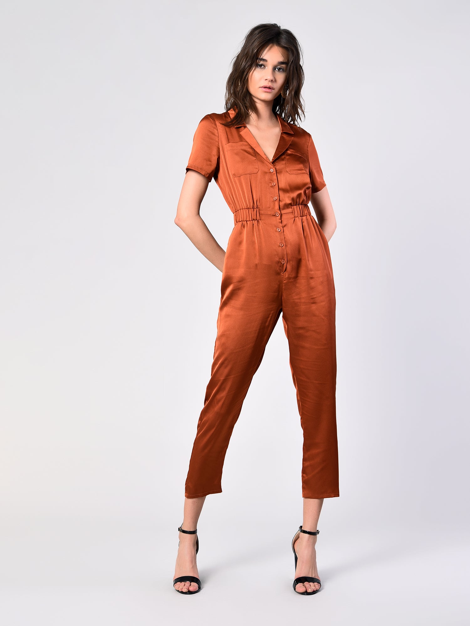 Glamorous Rust Satin Short Sleeve Jumpsuit