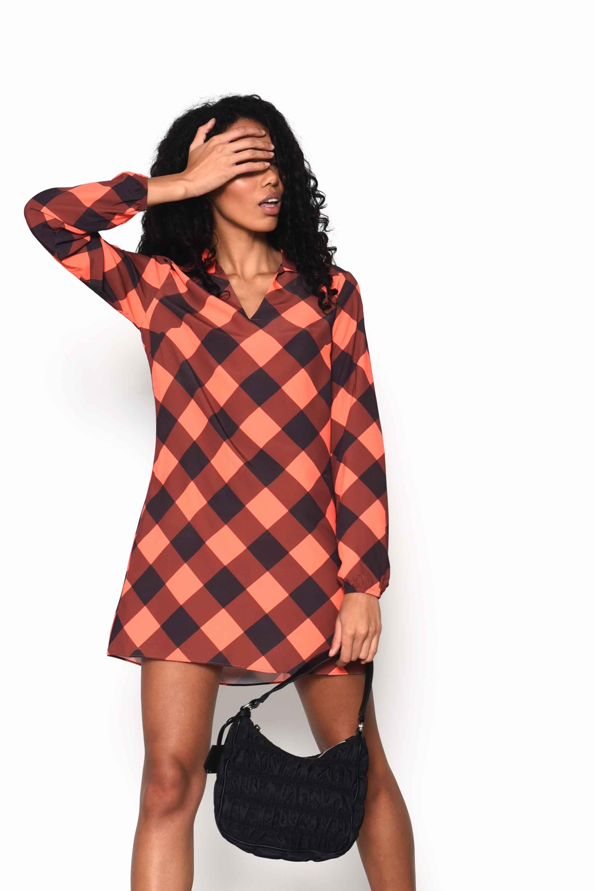 Glamorous Orange Check Long Sleeve Collared Swing Mini Dress