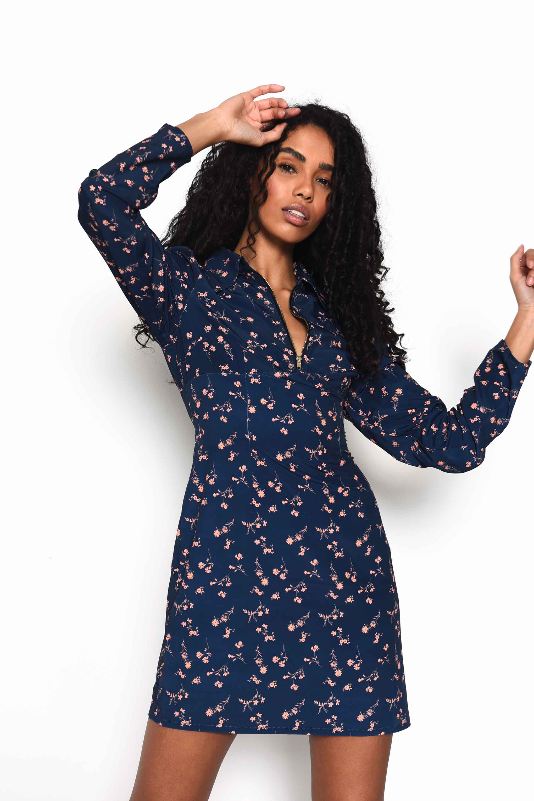 Glamorous Navy Peach Floral Zip Collar Mini Dress