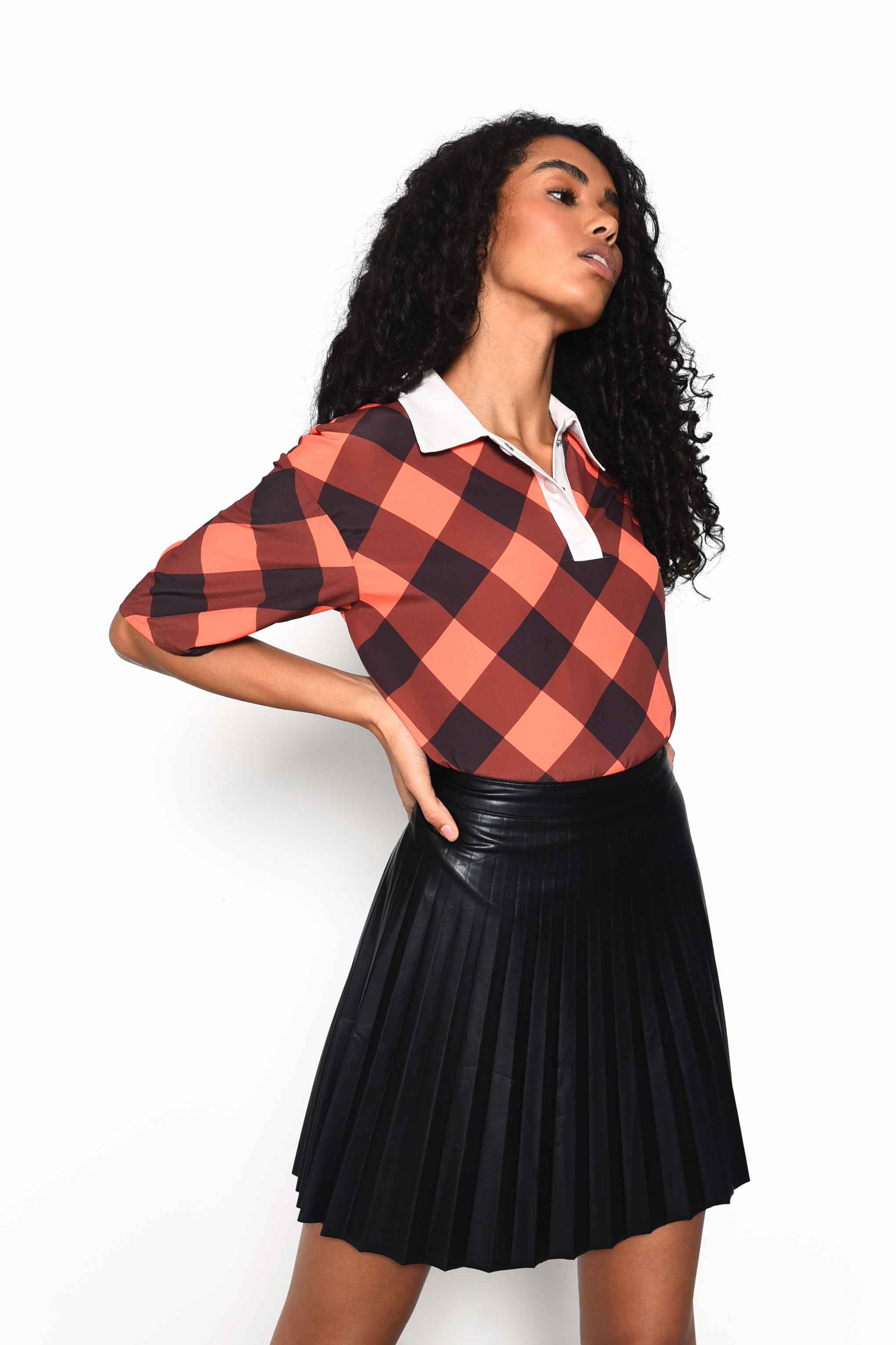 Glamorous Orange Check Oversized Top with Contrasting White Collar