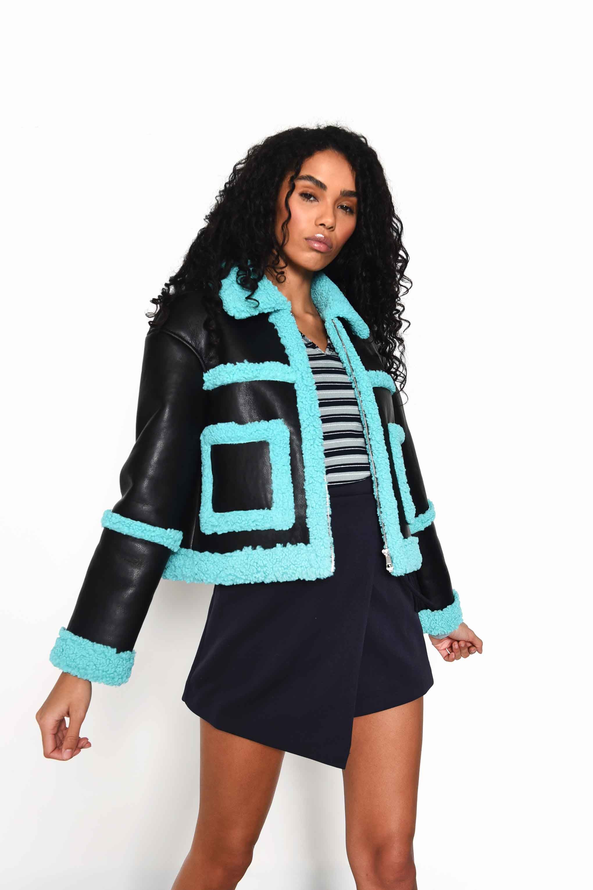 Glamorous Black Turquoise Cropped Shearling Trim Jacket