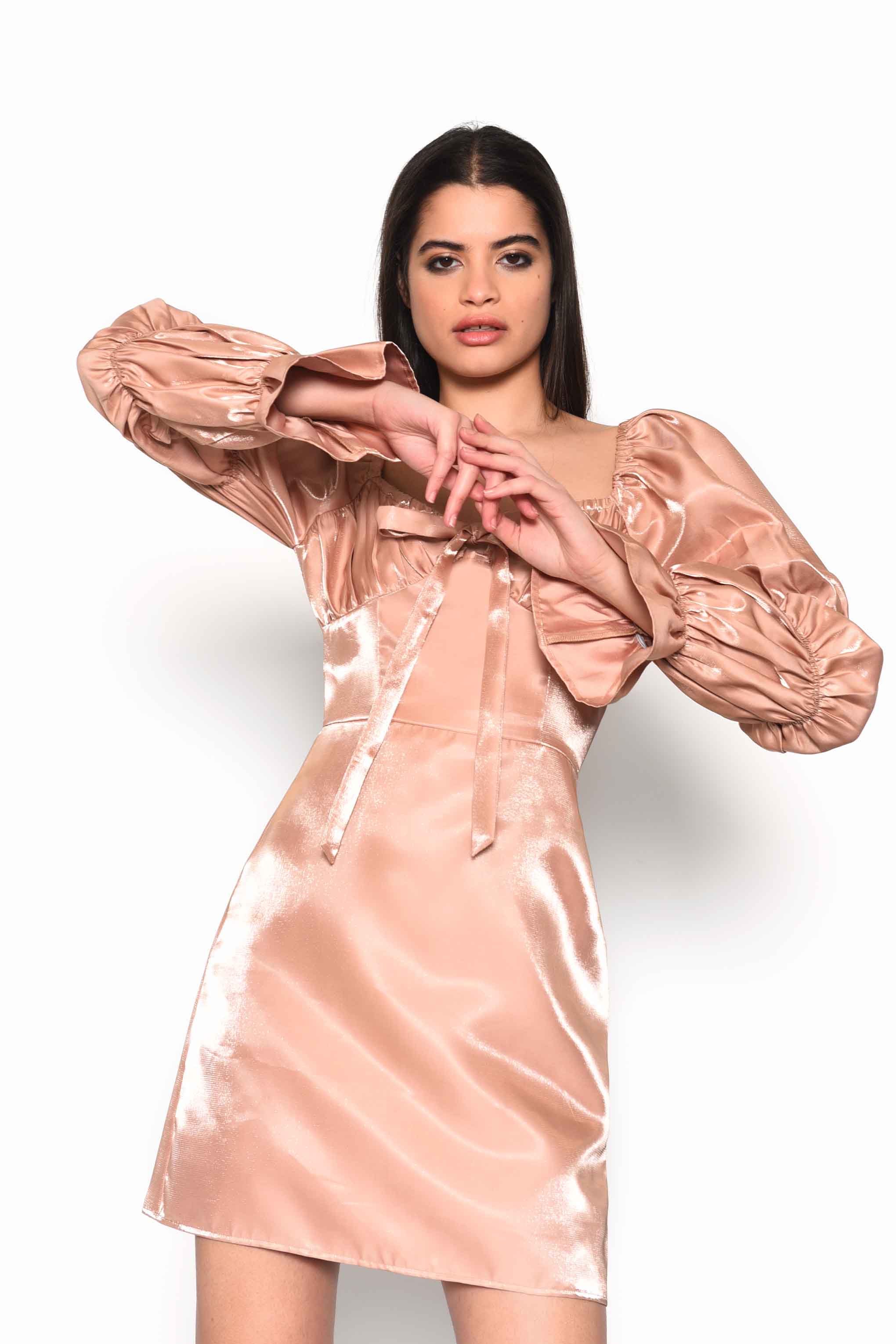 Glamorous Nude Shimmer Tie Front Mini Dress with Gathered Sleeves and Ruched Bust Cup Details