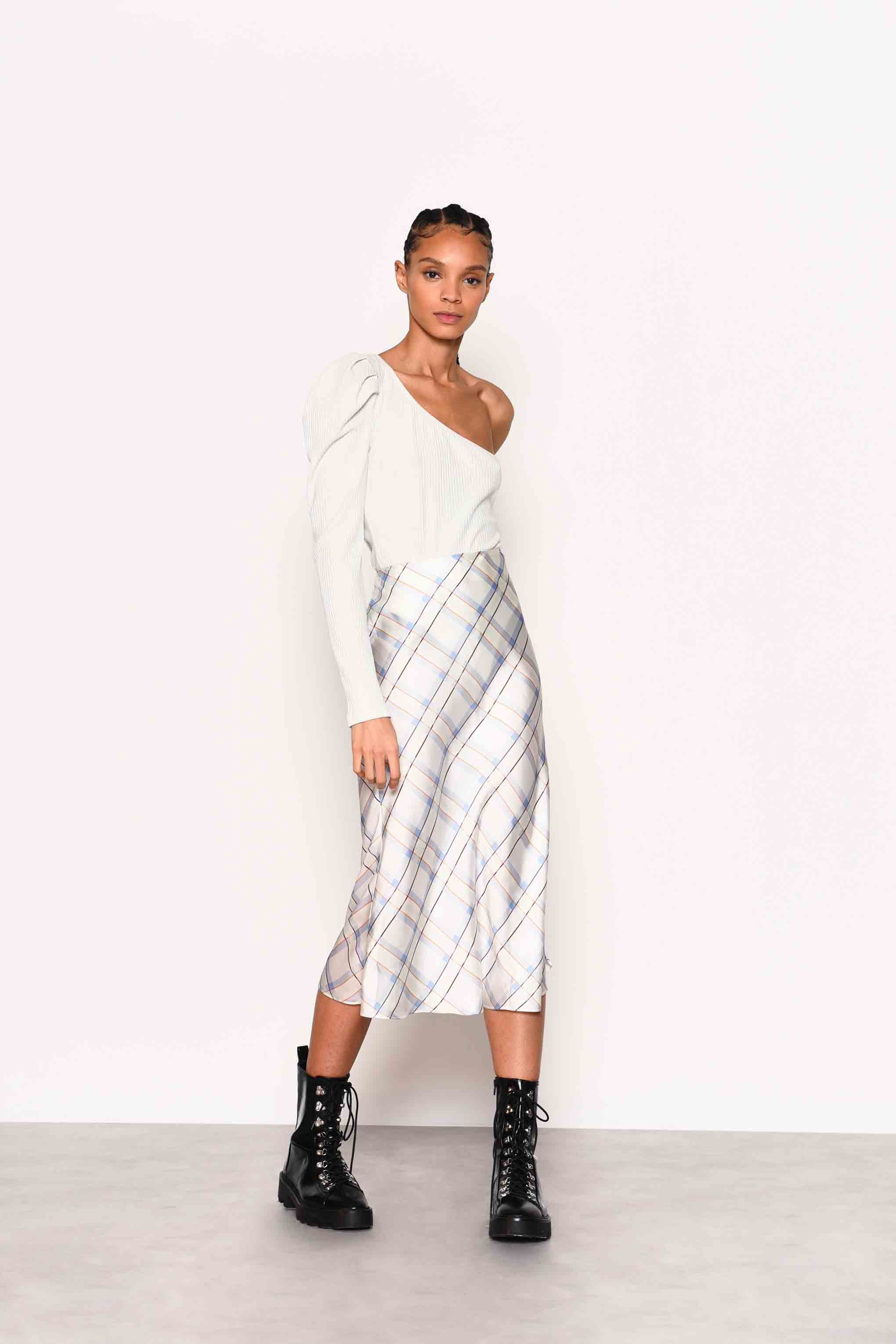 Glamorous Cream Green Check Satin Midi Slip Skirt.