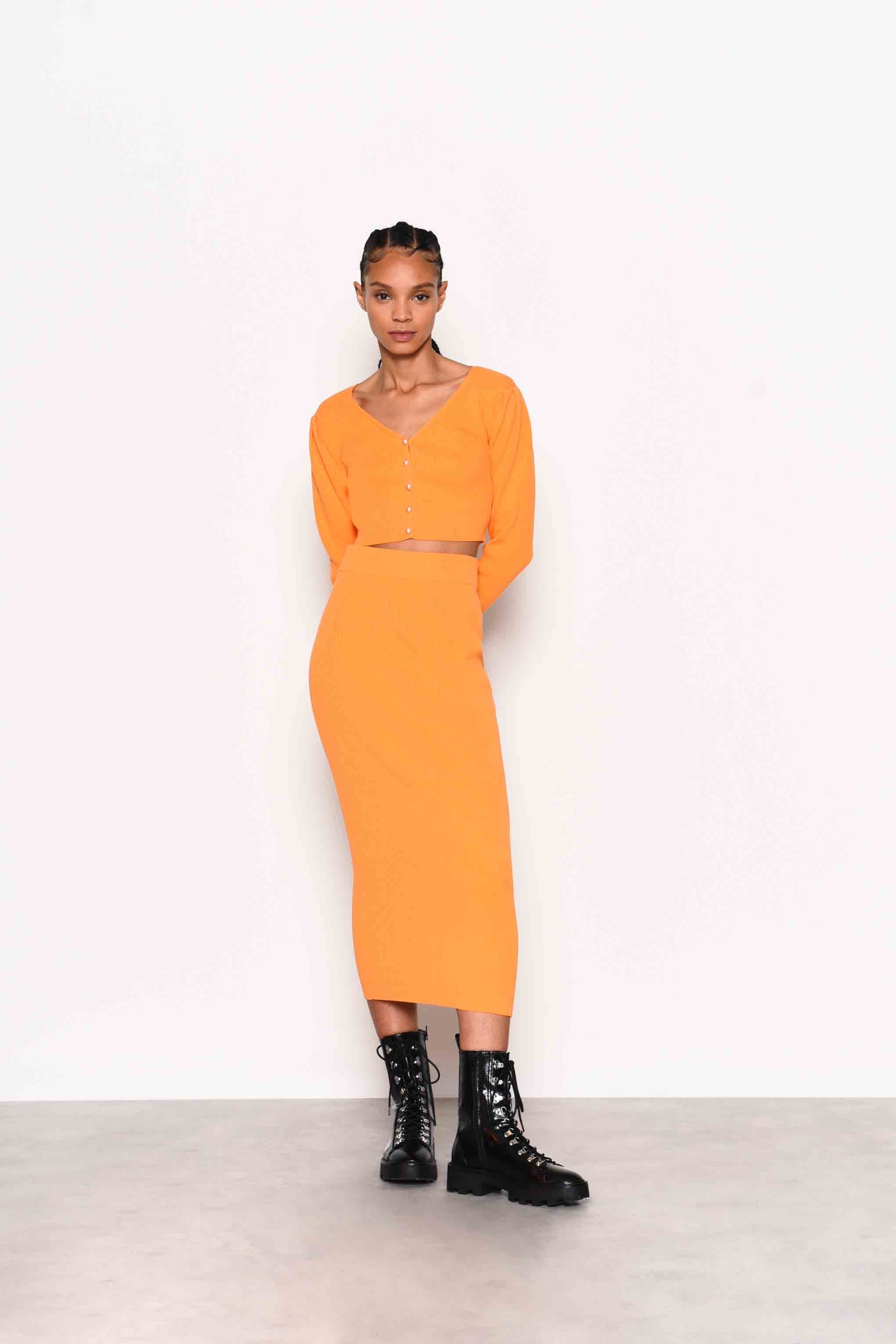 Glamorous Orange Ribbed Bodycon Midi Skirt