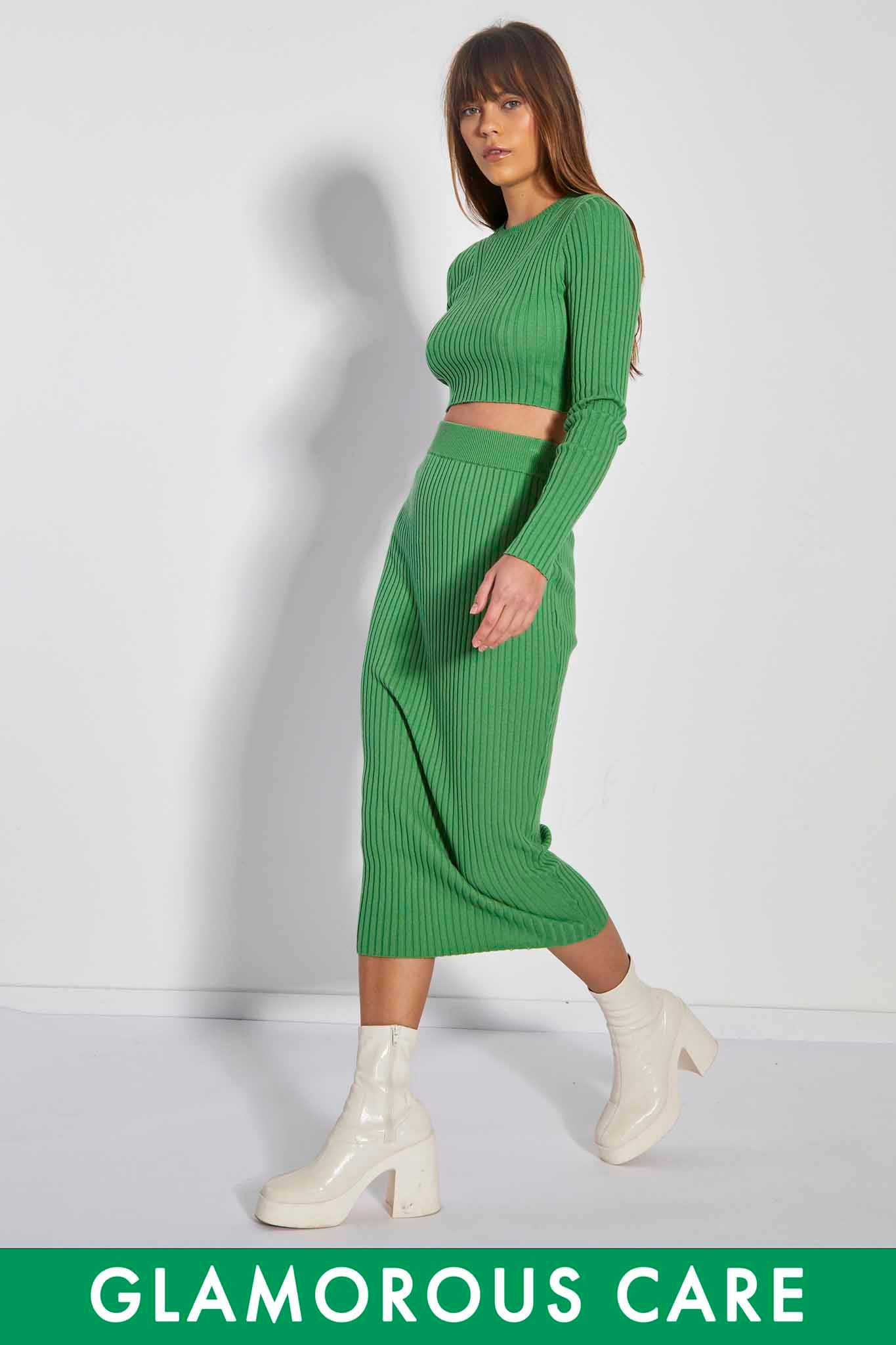 Glamorous Care Apply Green Rib Knit Midi Pencil Skirt