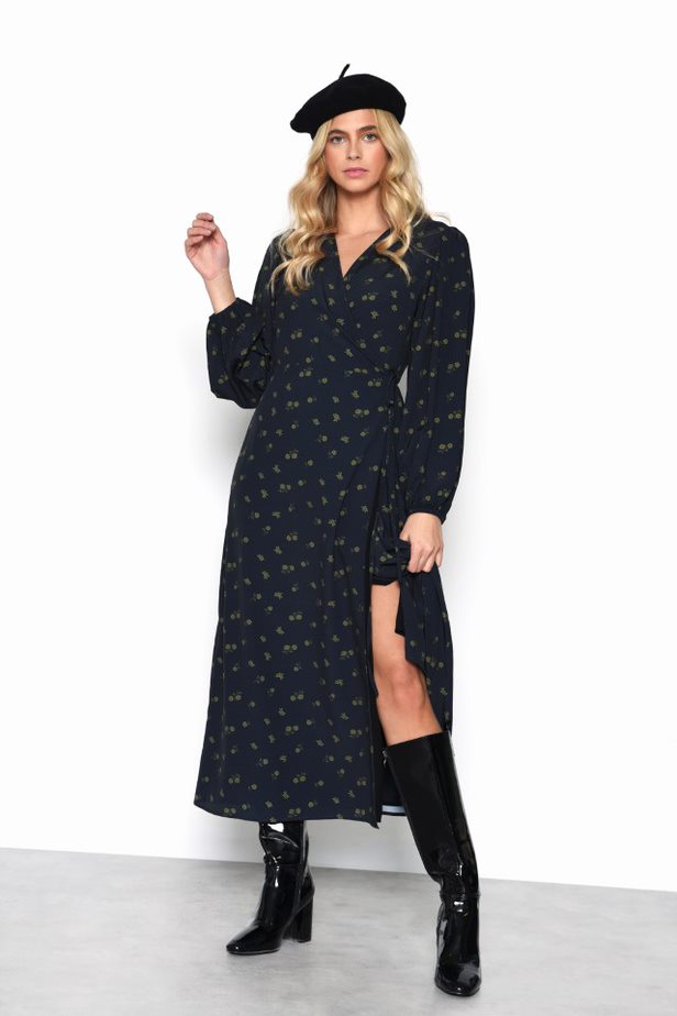 Glamorous Black Multi Rose Print Midi Wrap Dress