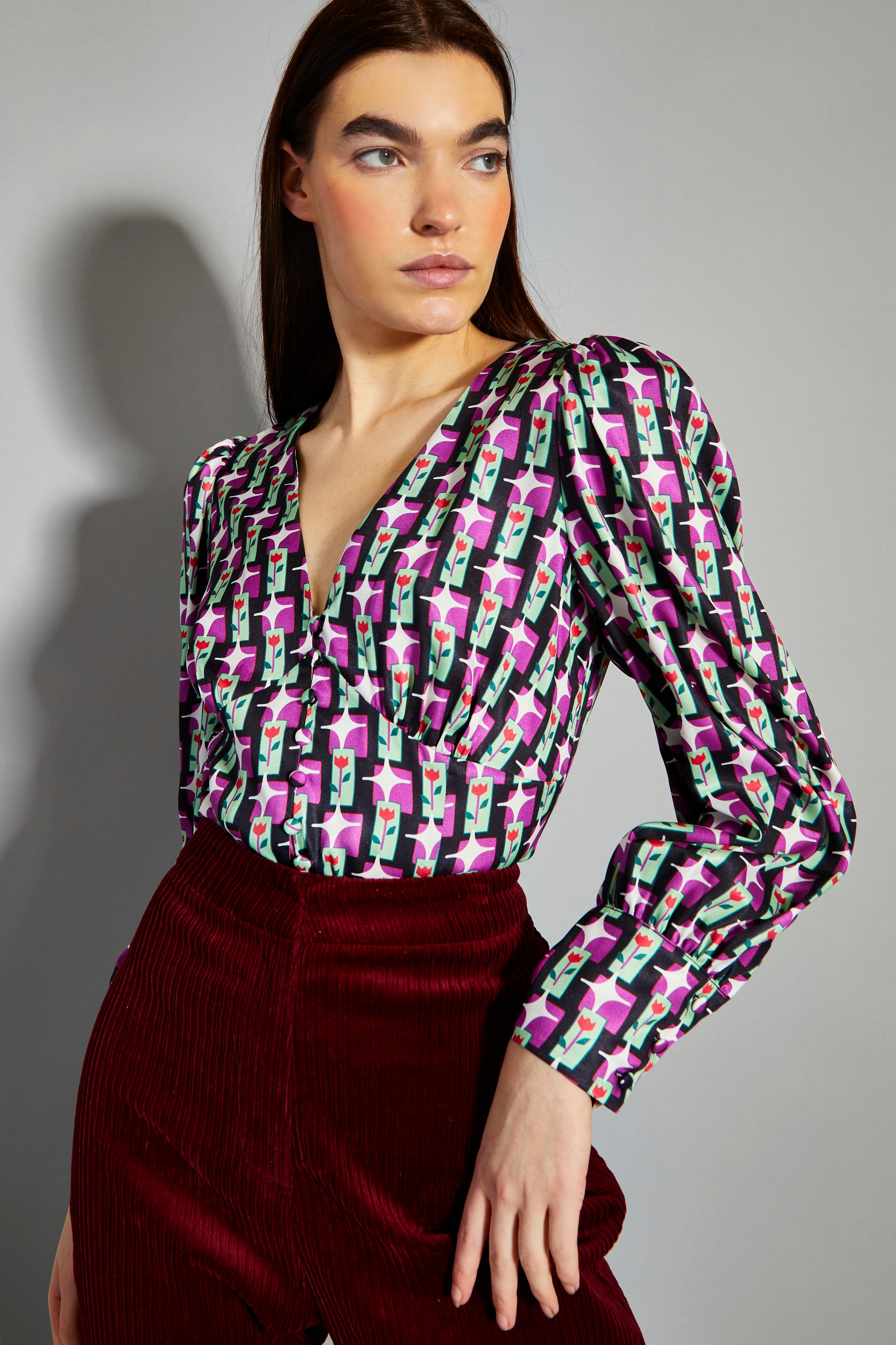 Glamorous Tulip Multi Geo Print V-Neck Button Front Blouse