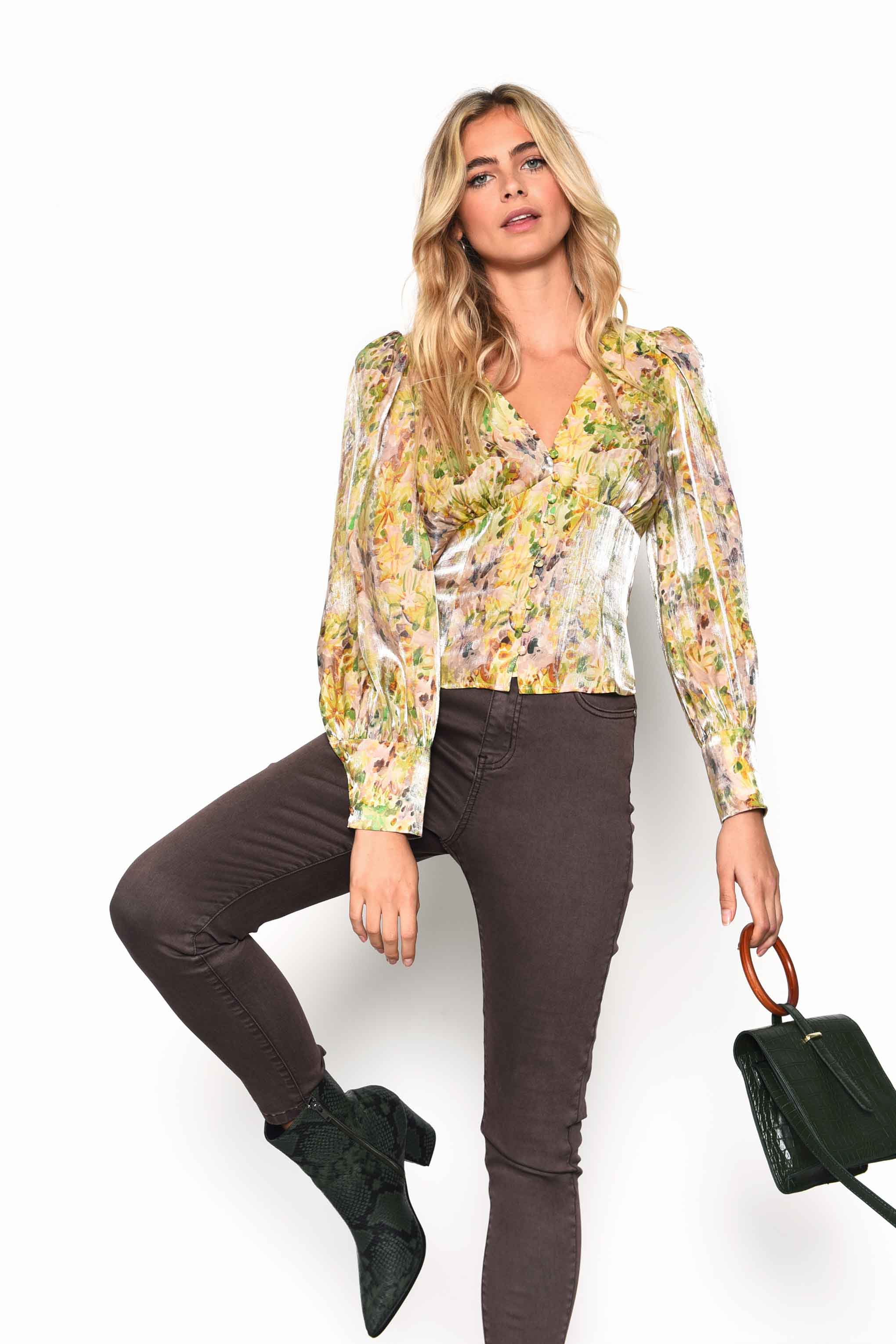 Glamorous Smudgy Floral V-Neck Puff Sleeve Top with Button Detail