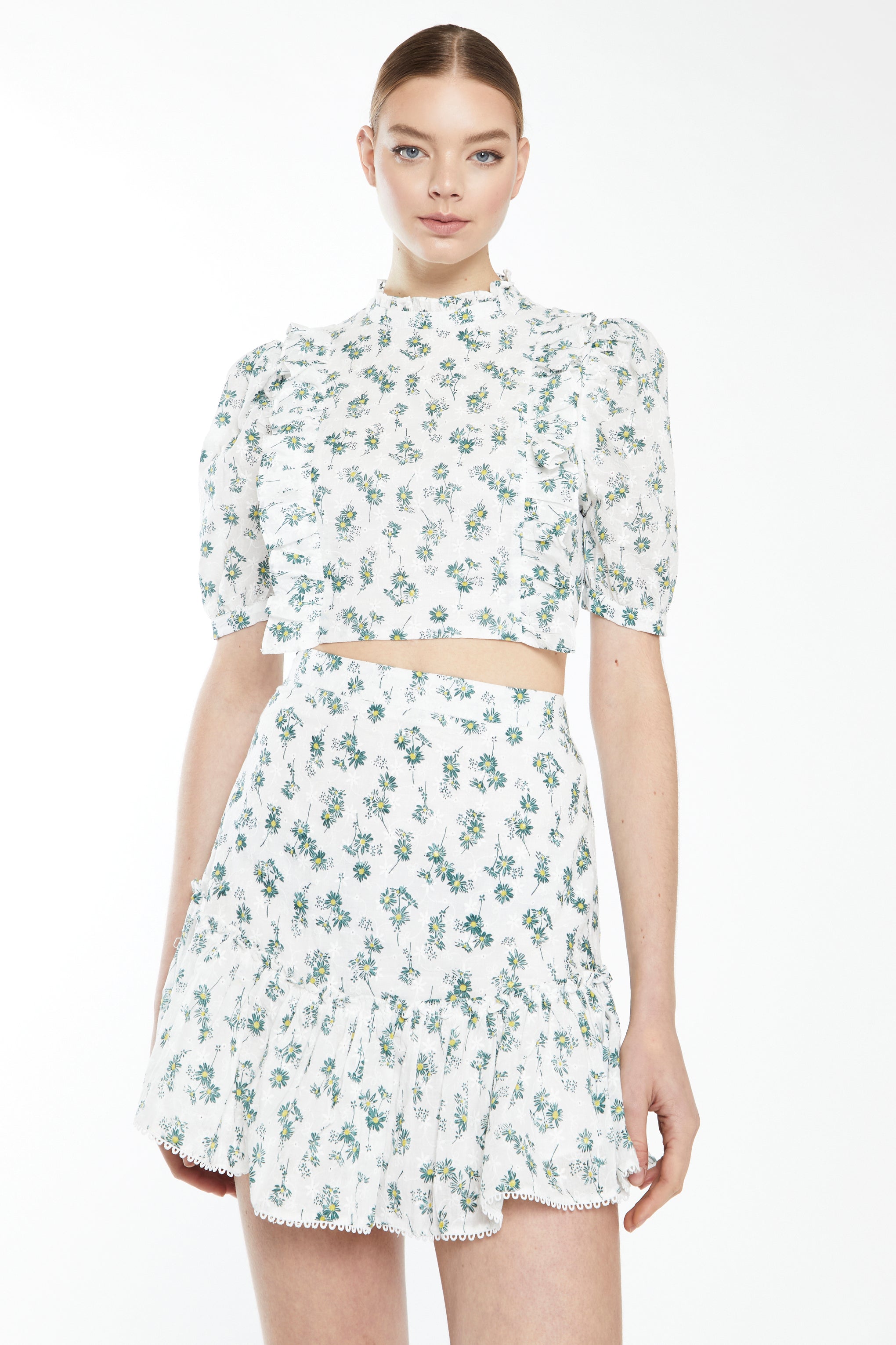 Glamorous White Dark Green Broderie Mini Skirt with Ruffle