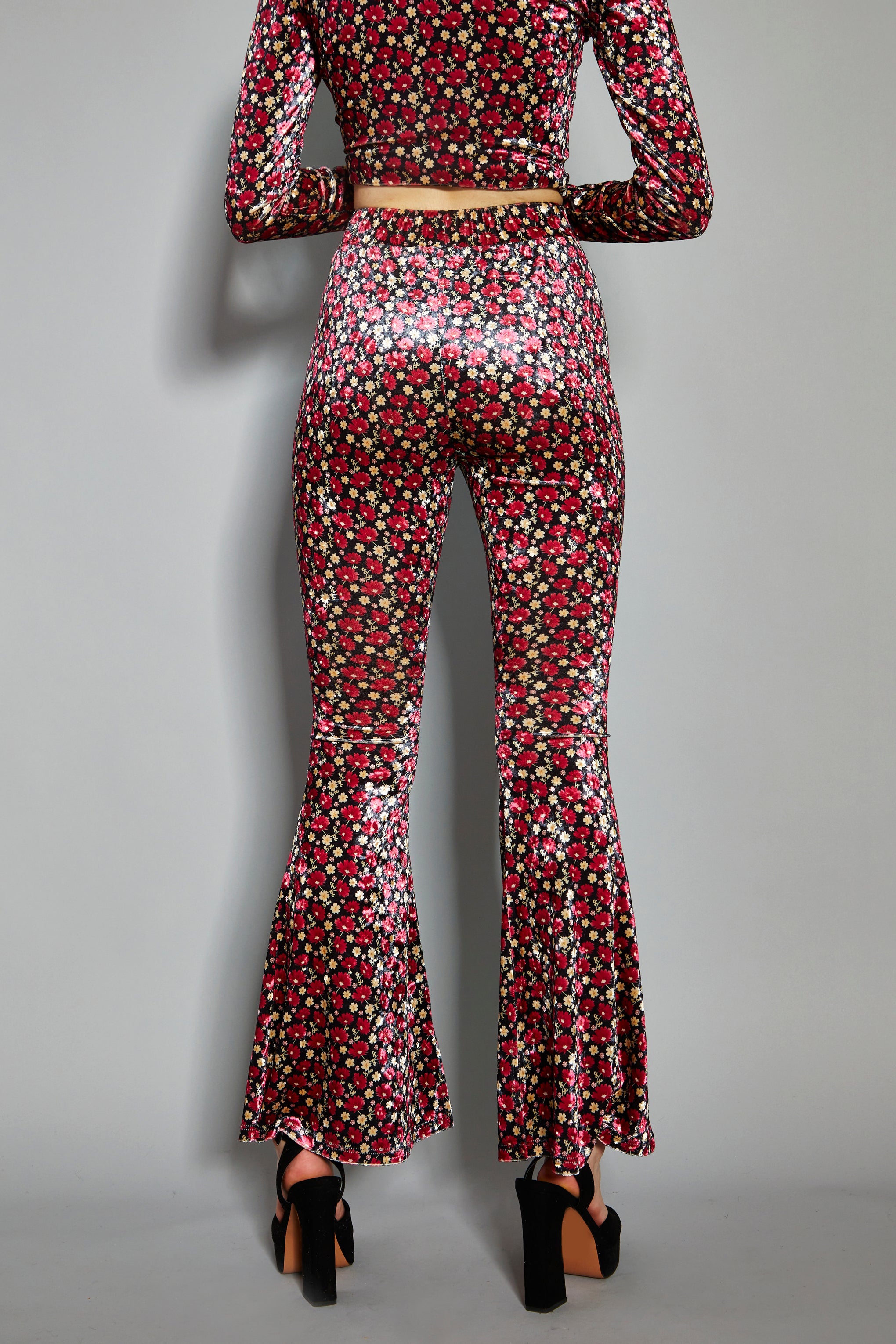 Glamorous Floral Print Velvet High Waisted Flared Trousers