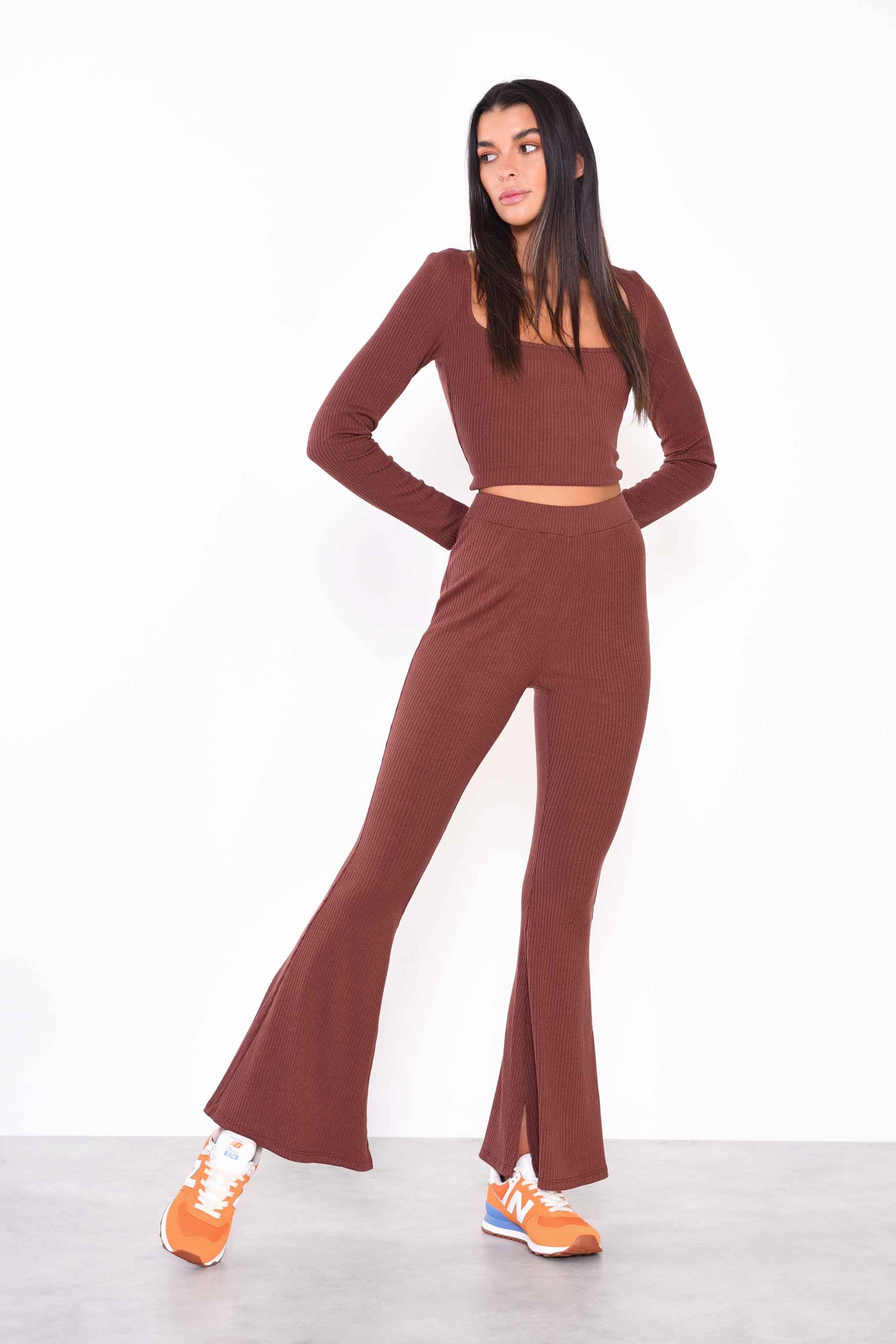 Glamorous Reddish Brown Flared Rib Knit Trousers