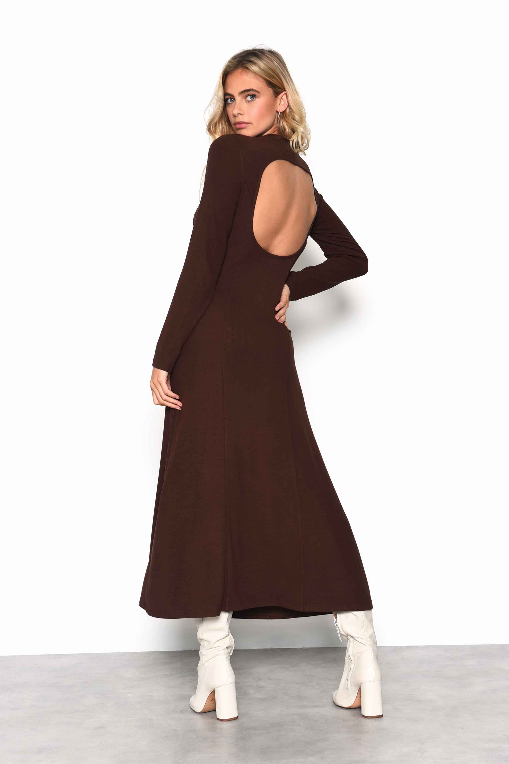 Glamorous Dark Brown Rib High Neck, Long Sleeve Midaxi Dress with Cut-Out Back Detail