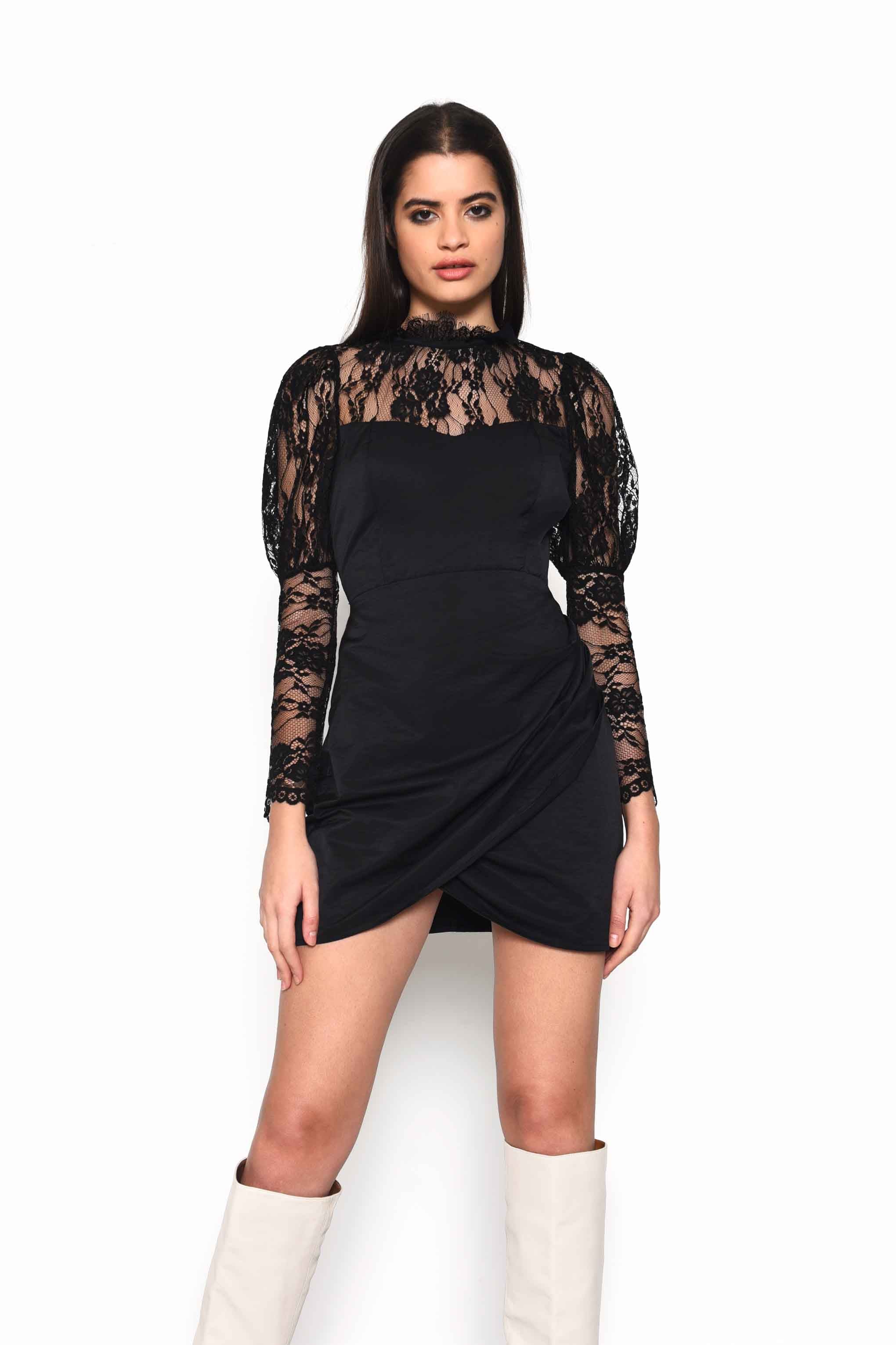 Glamorous Black Contrast Lace Mini Dress with Wrap Skirt Detail Puff Sleeves