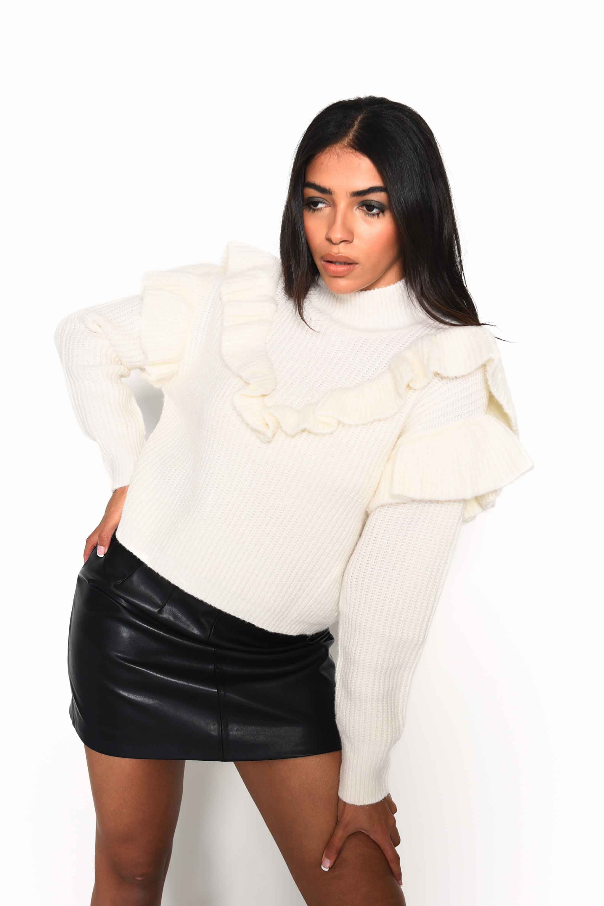 Glamorous Cream High Neck Jumper with Ruffle Detail