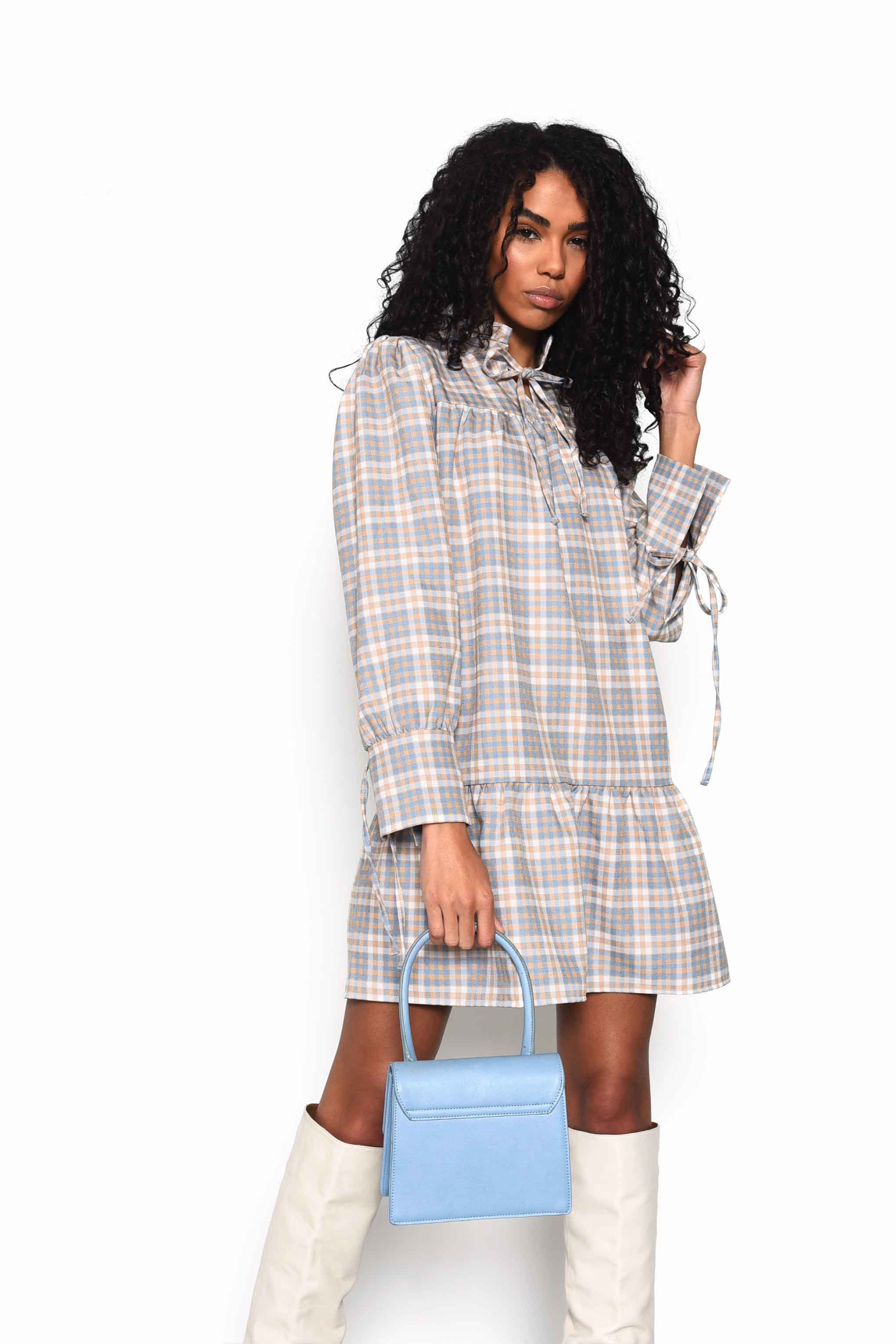 Glamorous Light Blue Multi Check Tiered Mini Dress with Neck Ruffle