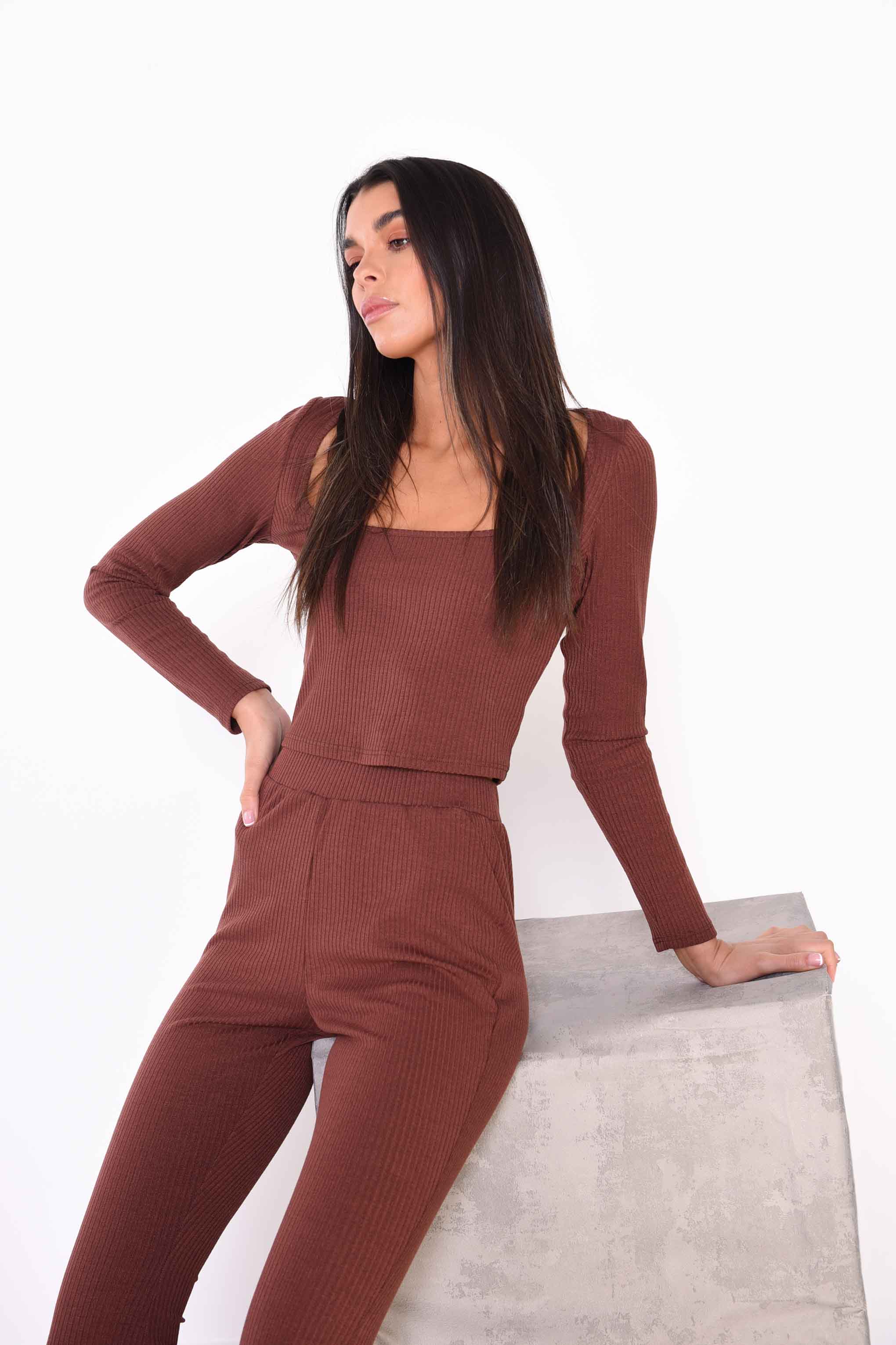 Glamorous Reddish Brown Long Sleeve Crop Top with Rounded Square Neck
