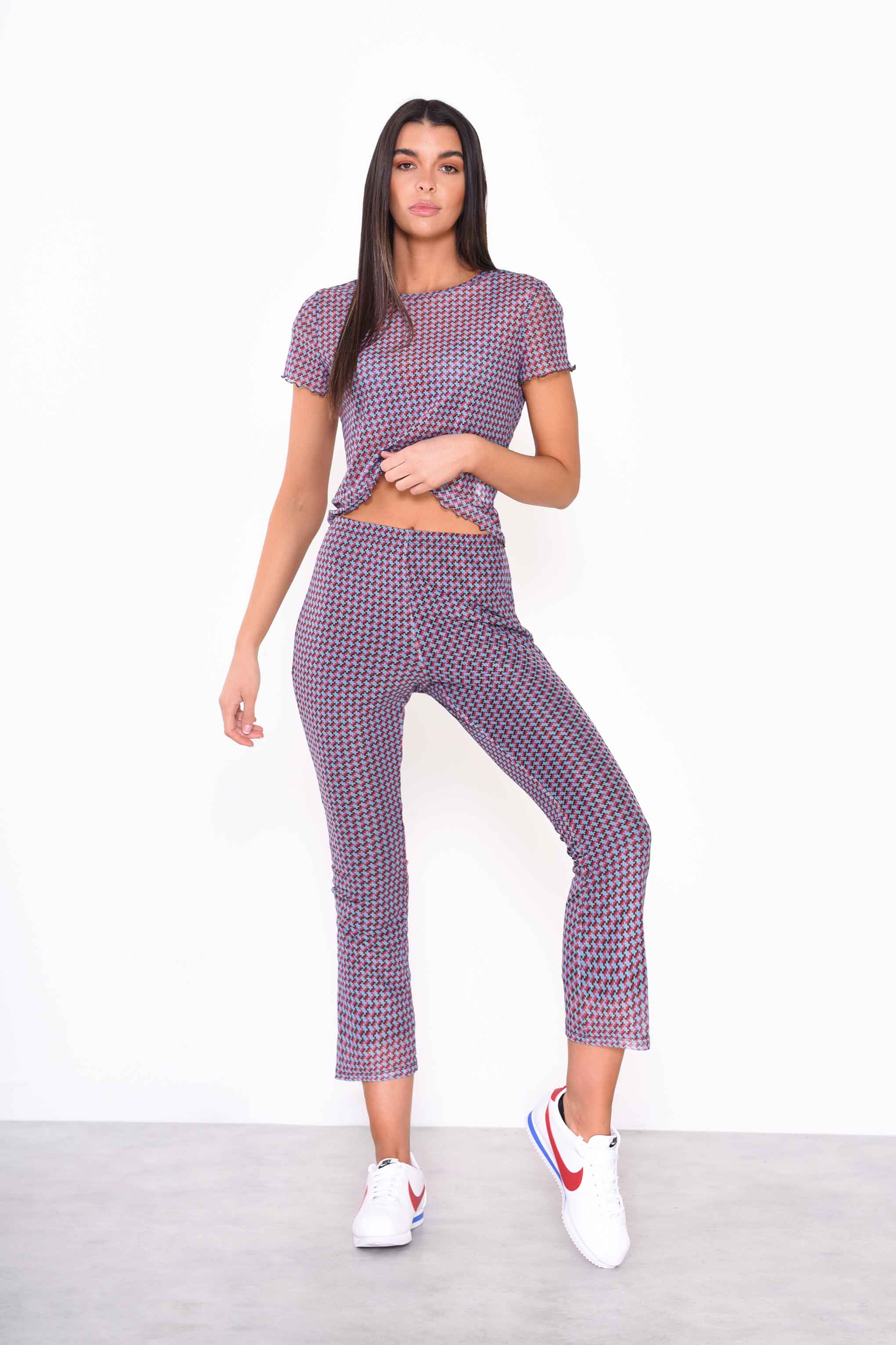 Glamorous Mini Geo Mesh Cropped Flared Trousers