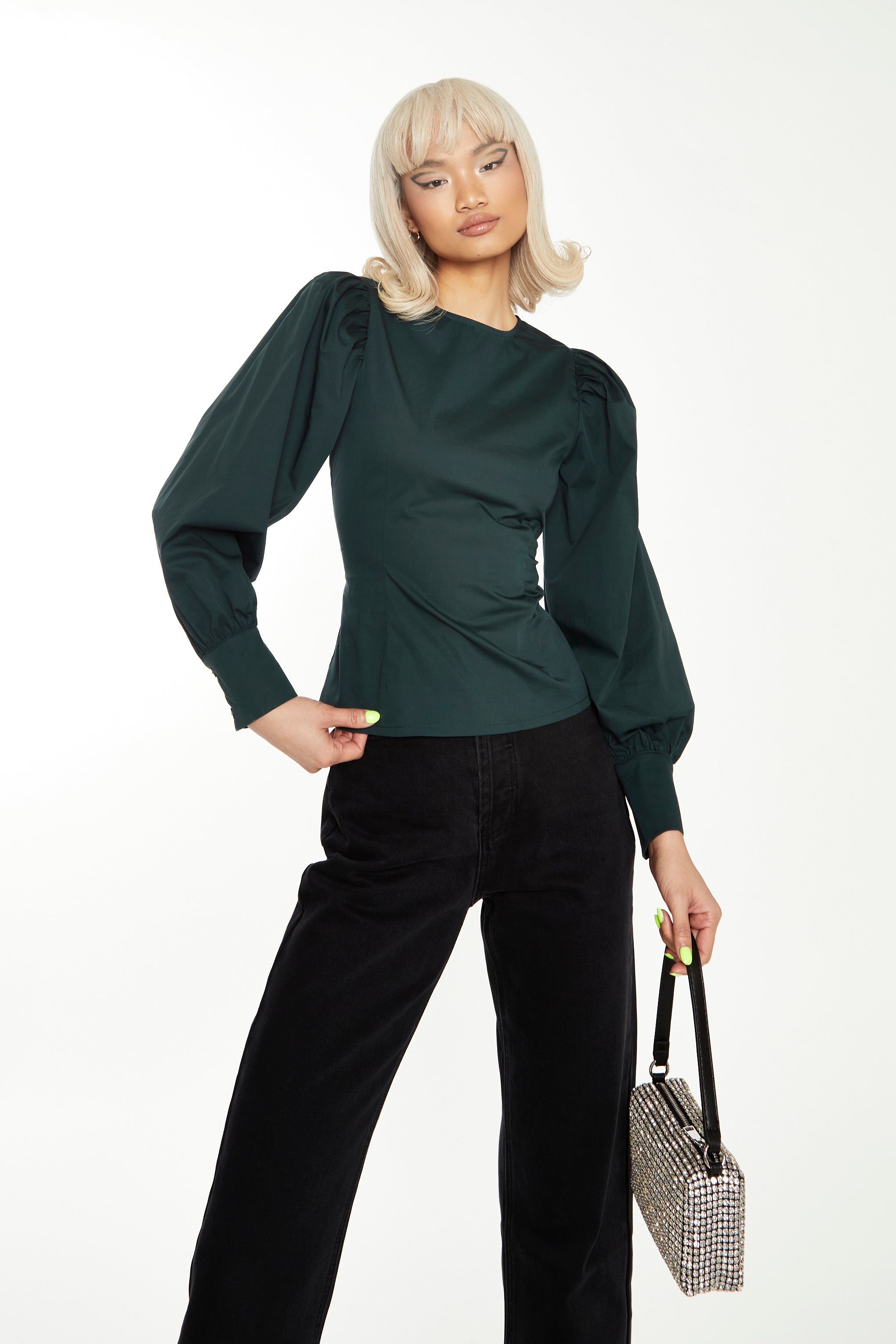 Glamorous Dark Green Puff Sleeve Fitted Top