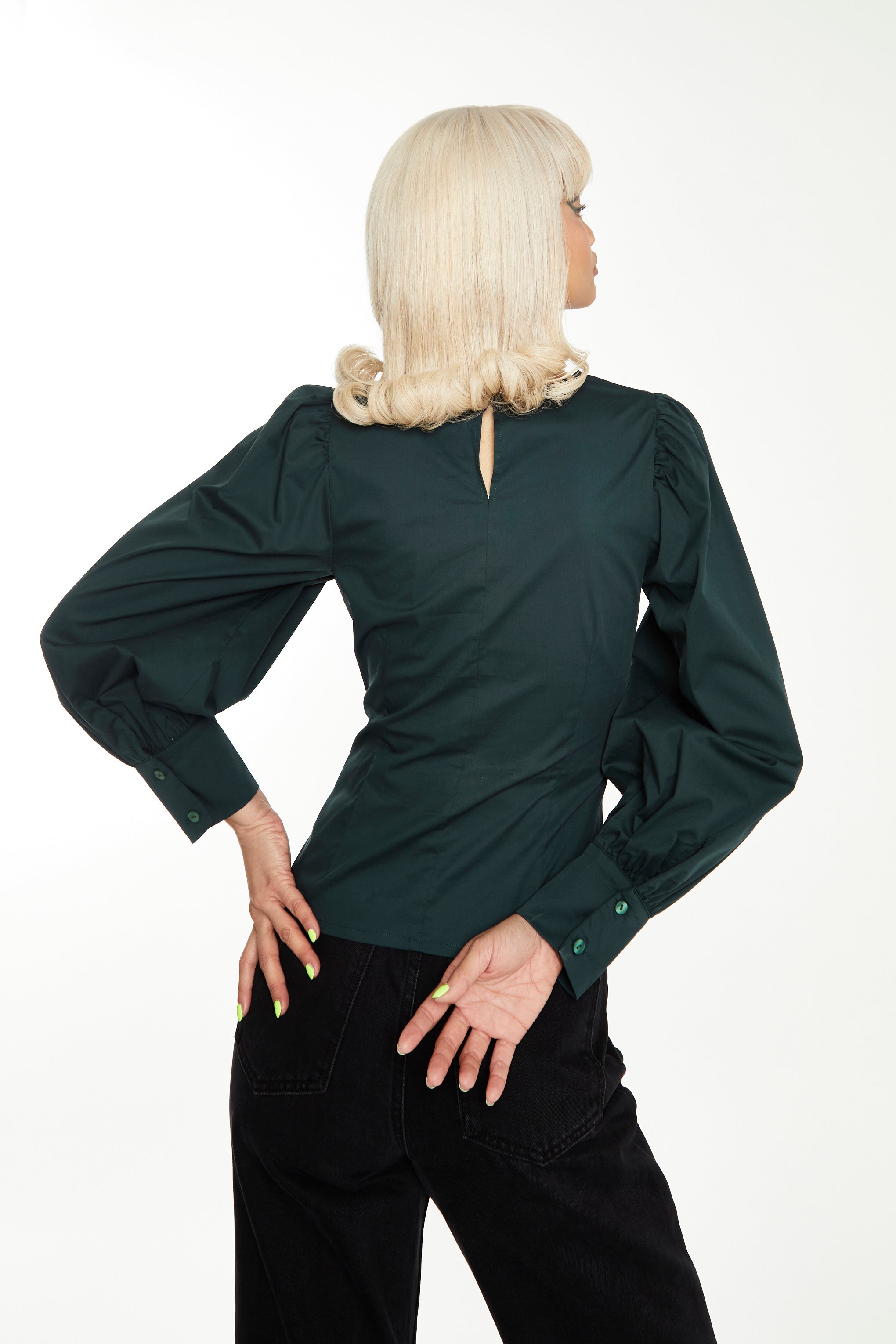 Glamorous Dark Green Puff Sleeve Fitted Top