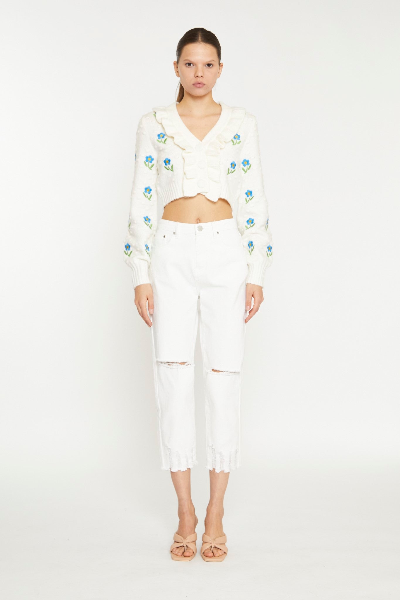 Cream Cropped Floral Embroidered Cardigan