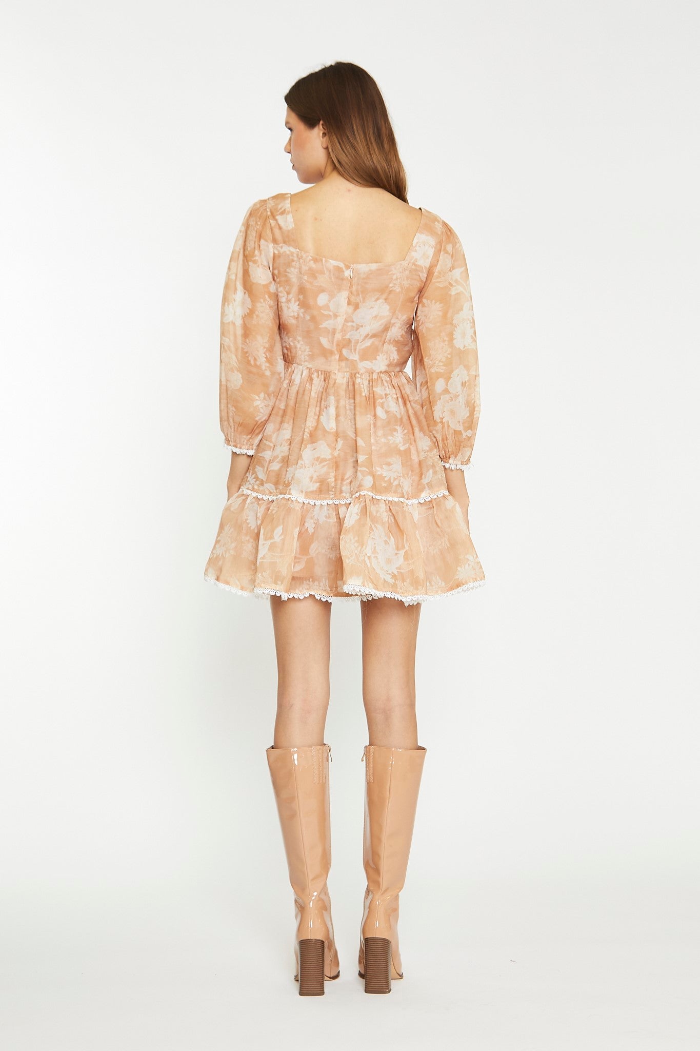 Tan White Floral Tiered Mini-Dress