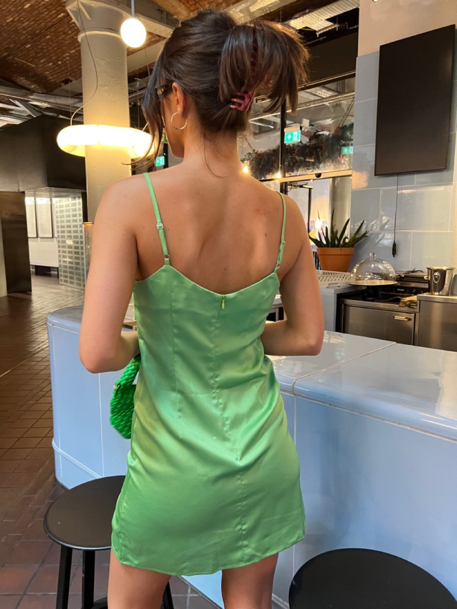 Green Satin Split Front Mini-Dress