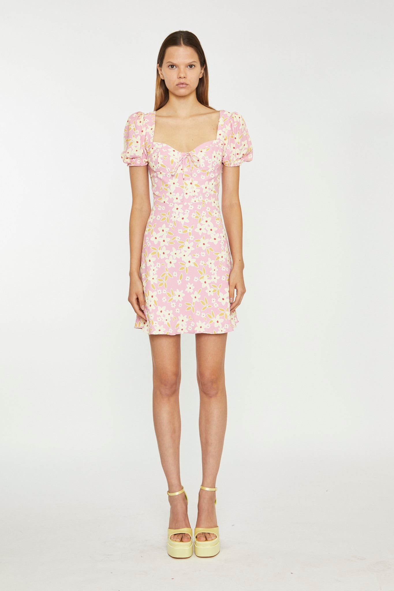 Pink-Olive-Yellow-Flower Puff Sleeve Mini Dress