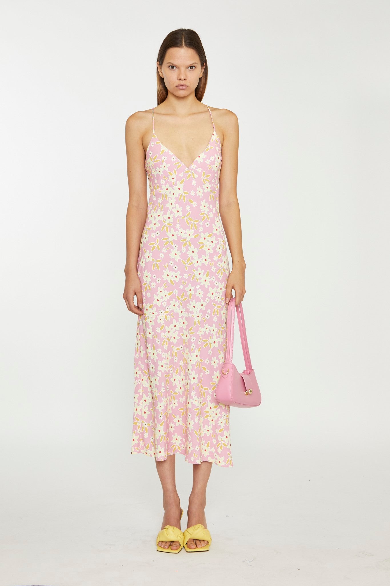 Pink-Olive-Yellow-Flower Midi Slip Dress