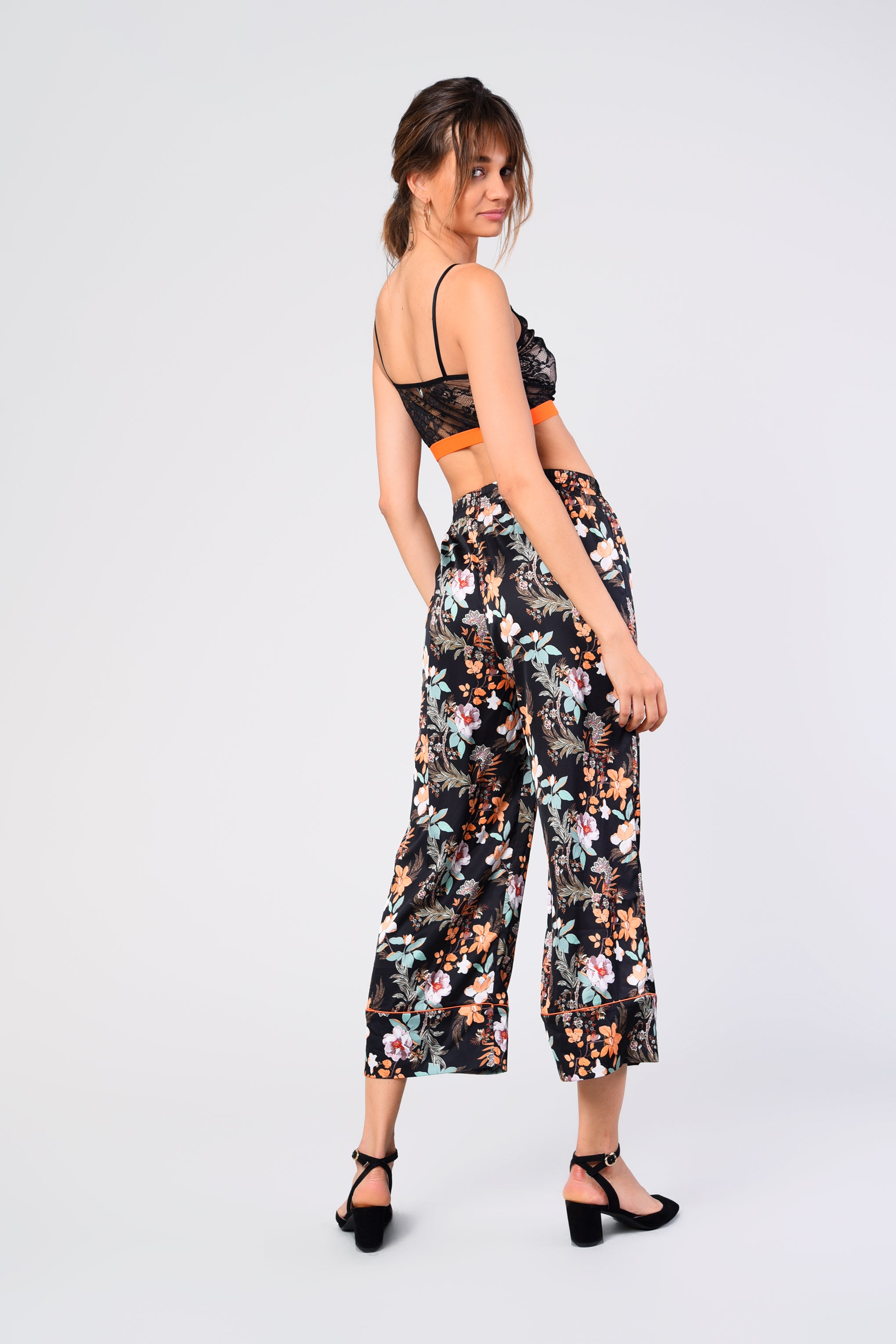 Glamorous Black Orange Floral Relaxed 3/4 Length Trousers