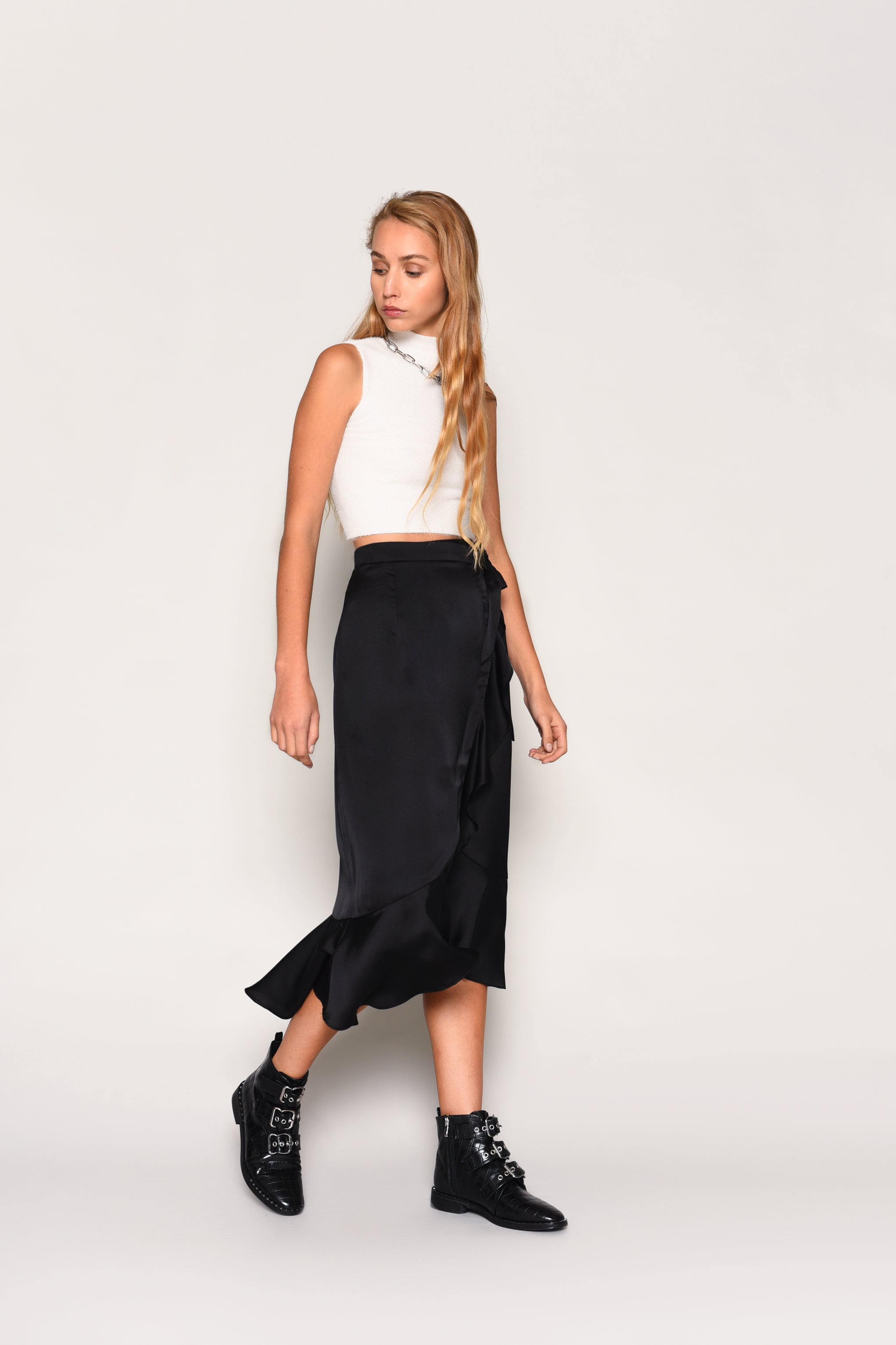 Glamorous Black Satin Midi Wrap Skirt