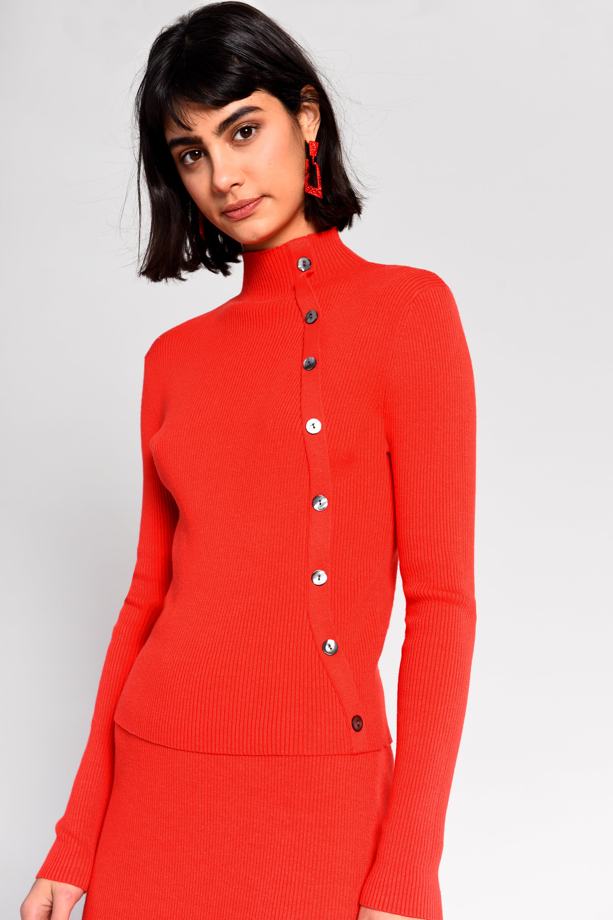 Glamorous Red High Neck Long Sleeve Button Front Top