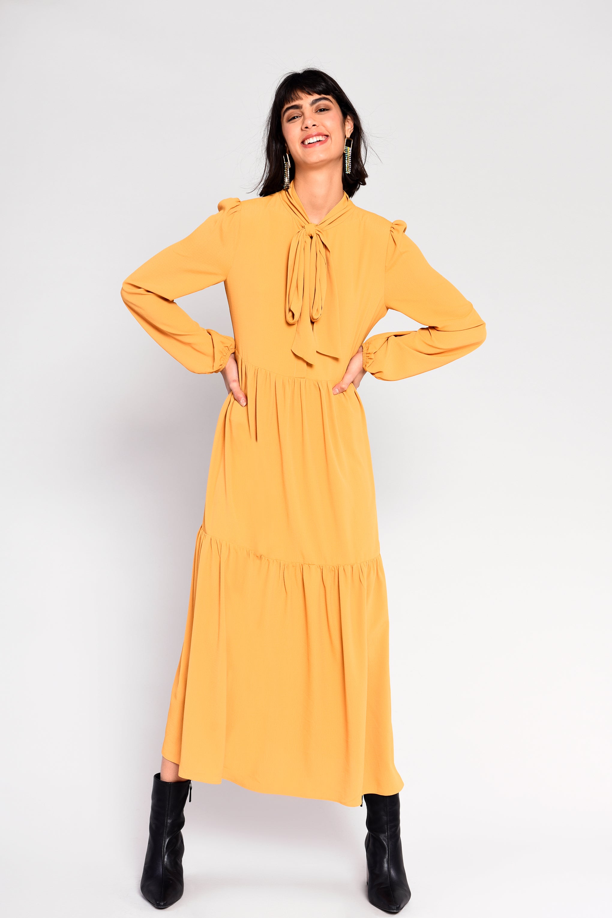 Glamorous Mustard Tiered Long Sleeve Midi Dress With Tie Neck Detail