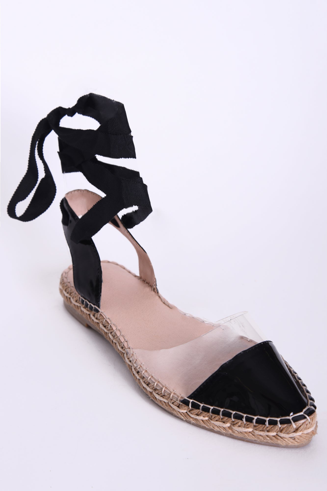 Glamorous Black Patent Clear Lace Up Espadrilles