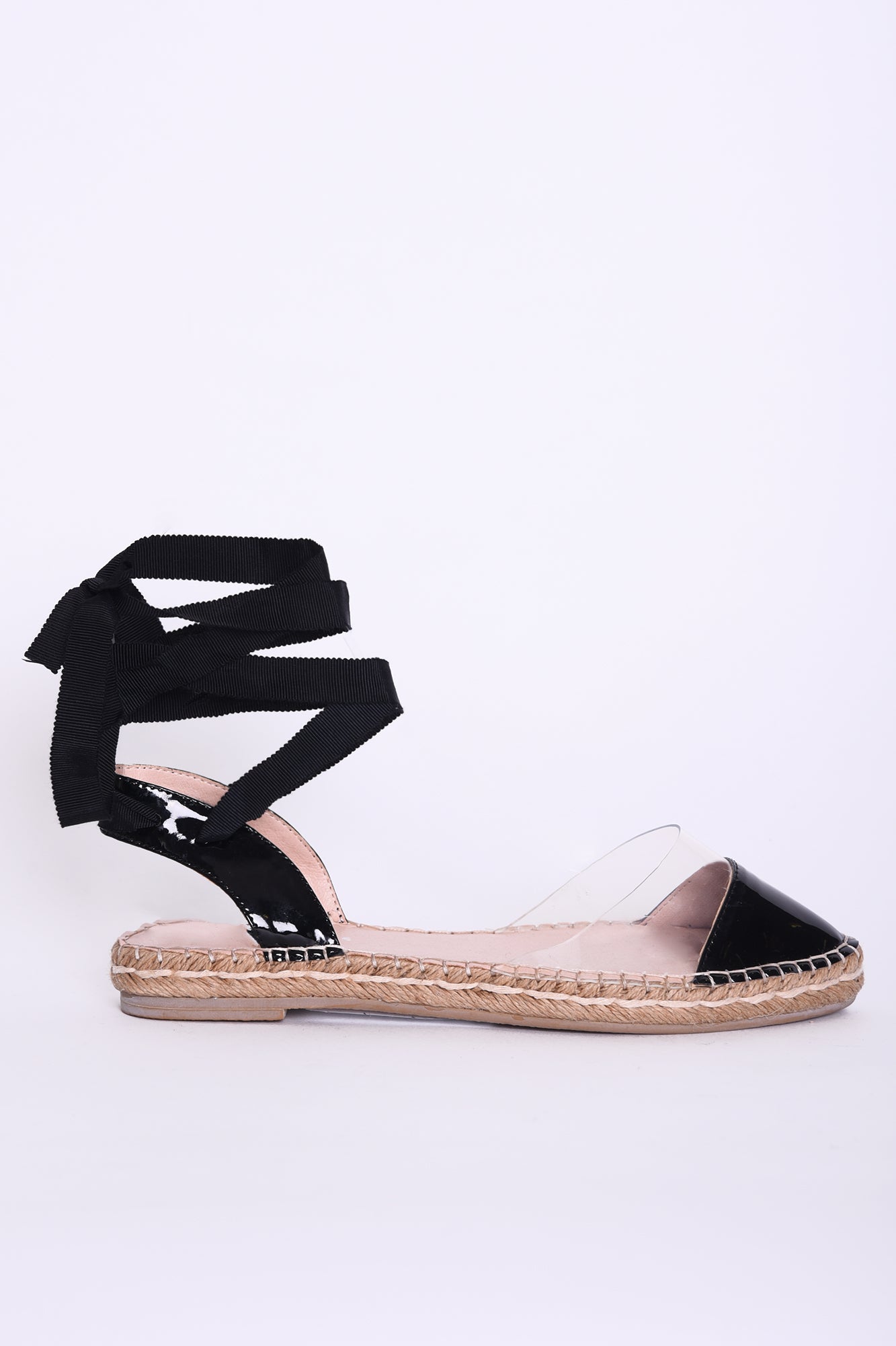 Glamorous Black Patent Clear Lace Up Espadrilles