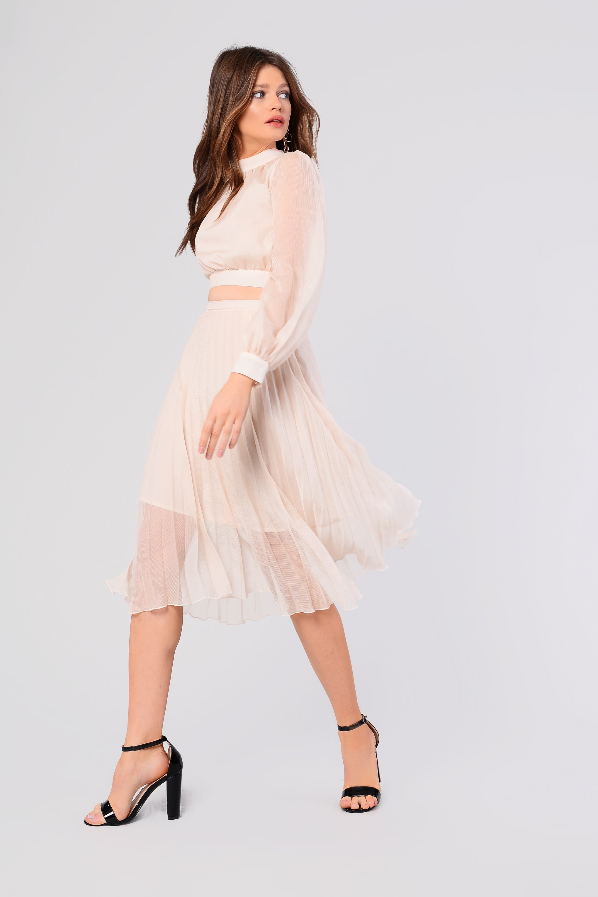 Glamorous Cream Sheer Pleated Midi Skirt