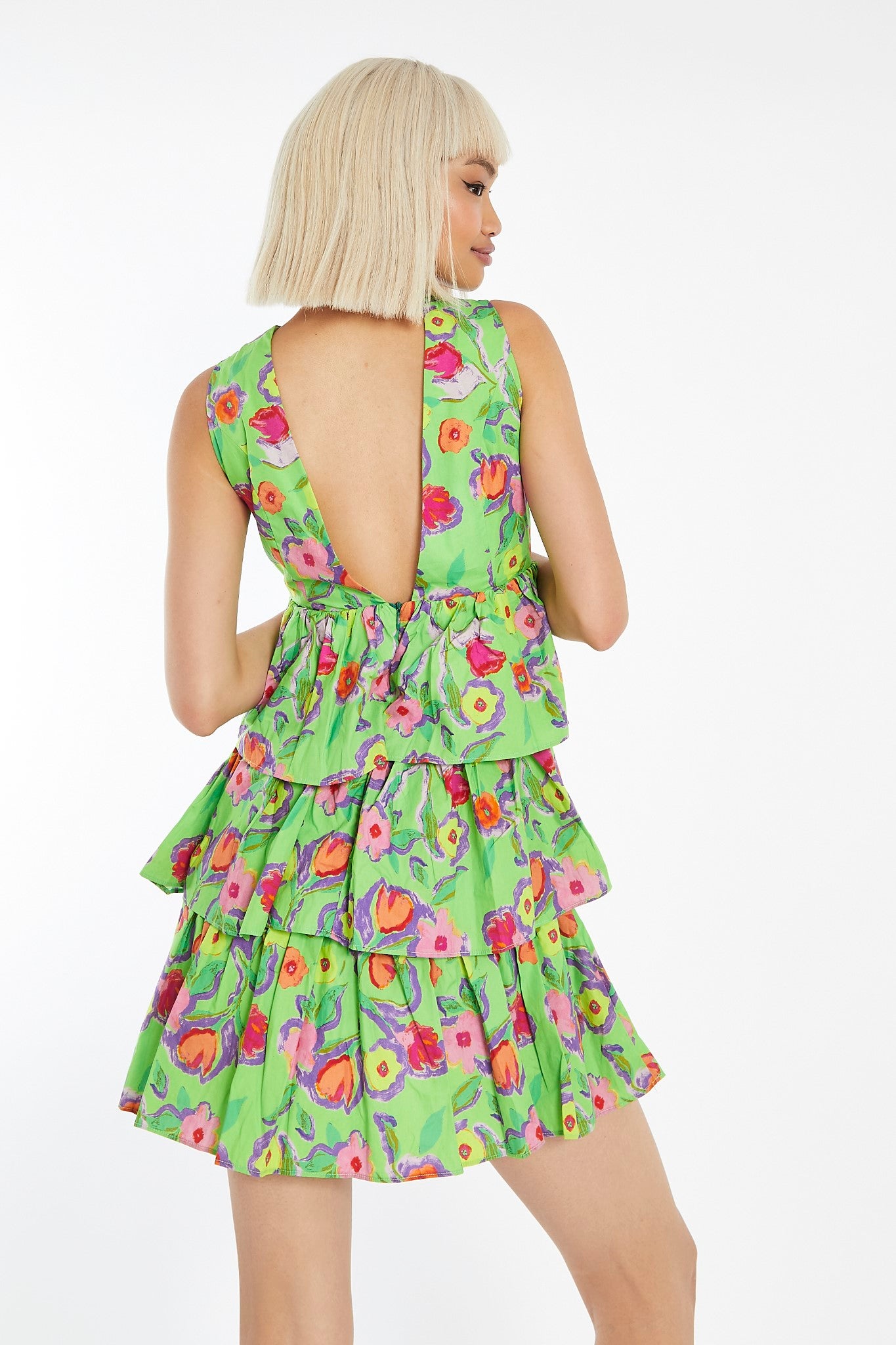 Neon Green Floral Plunge-Top Tiered-Skirt Mini-Dress