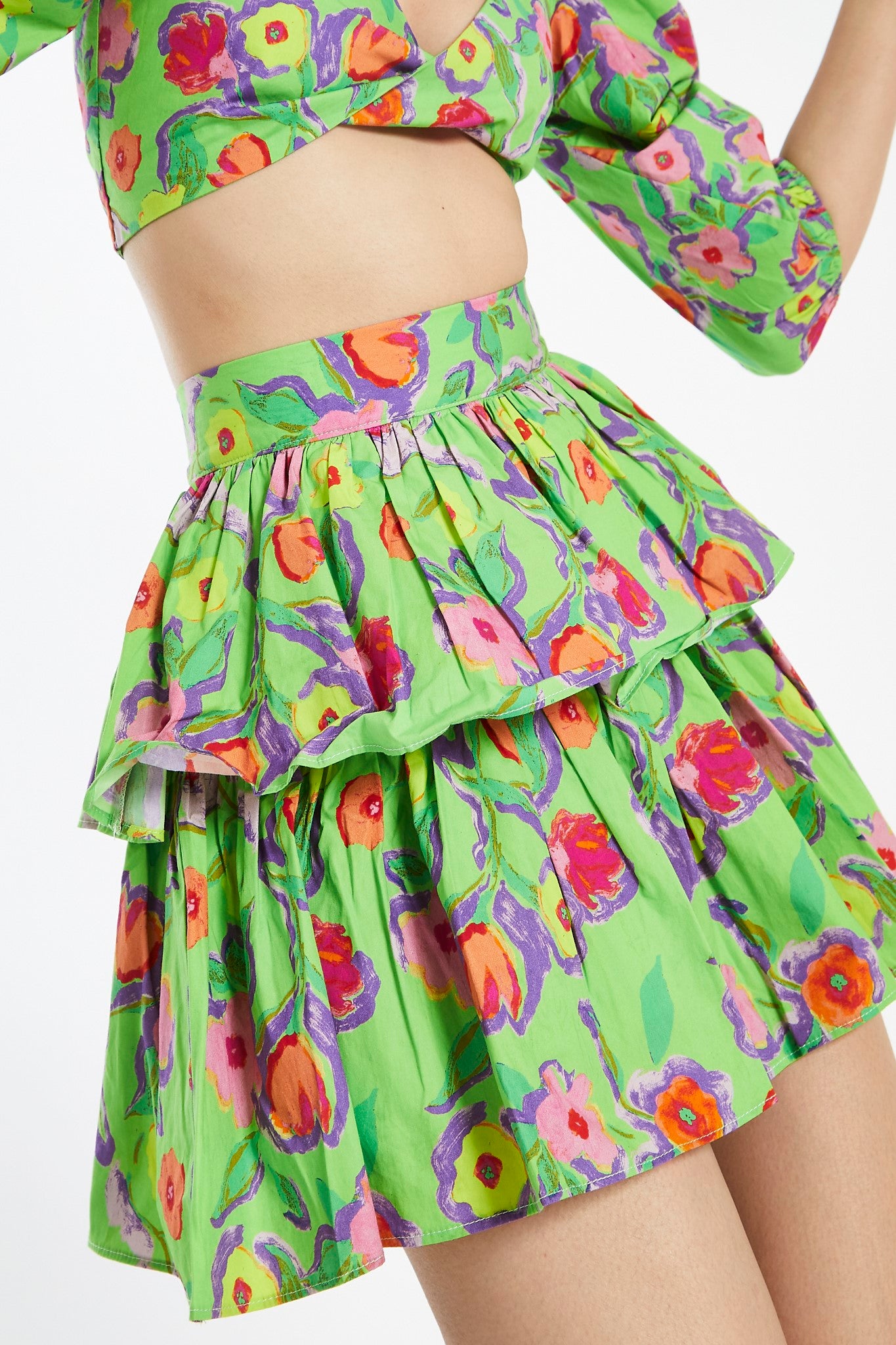 Neon-Green Floral Tiered Ruffle Mini-Skirt