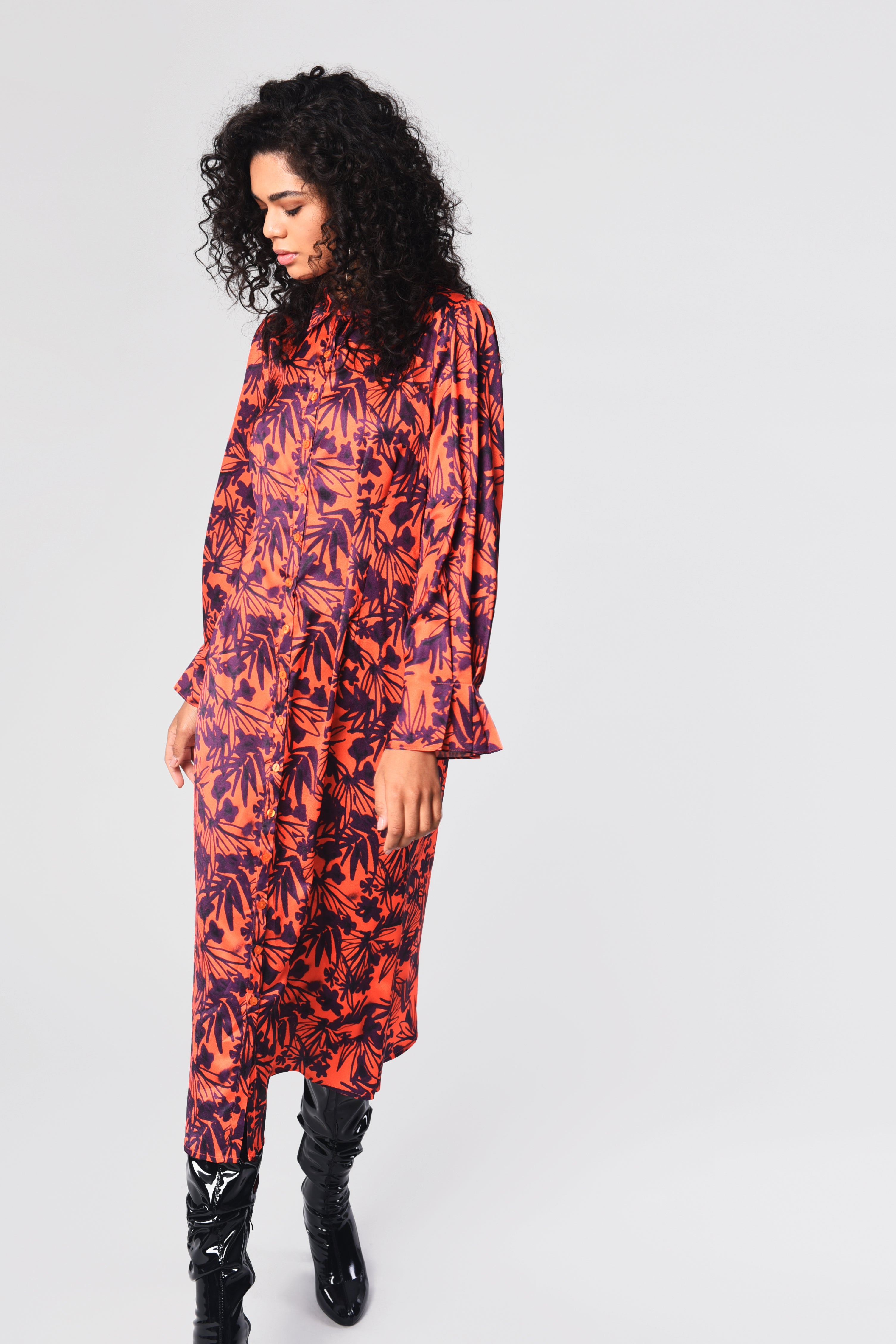 Glamorous Orange Inky Floral Print Button Front Midi Dress