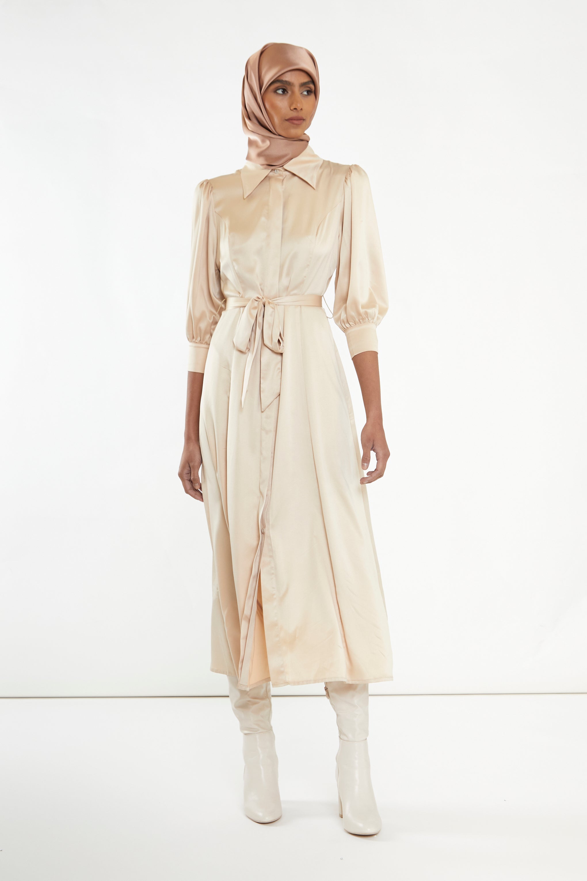 Sand Satin Midaxi Shirt Dress