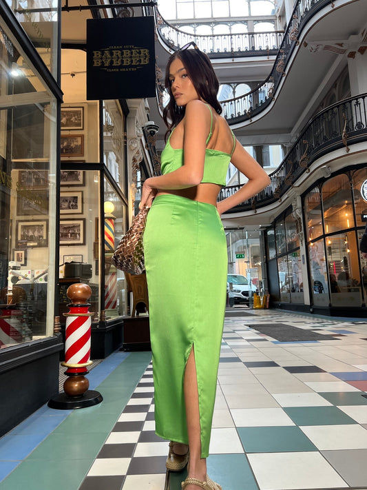 Green ruched clearance midi skirt