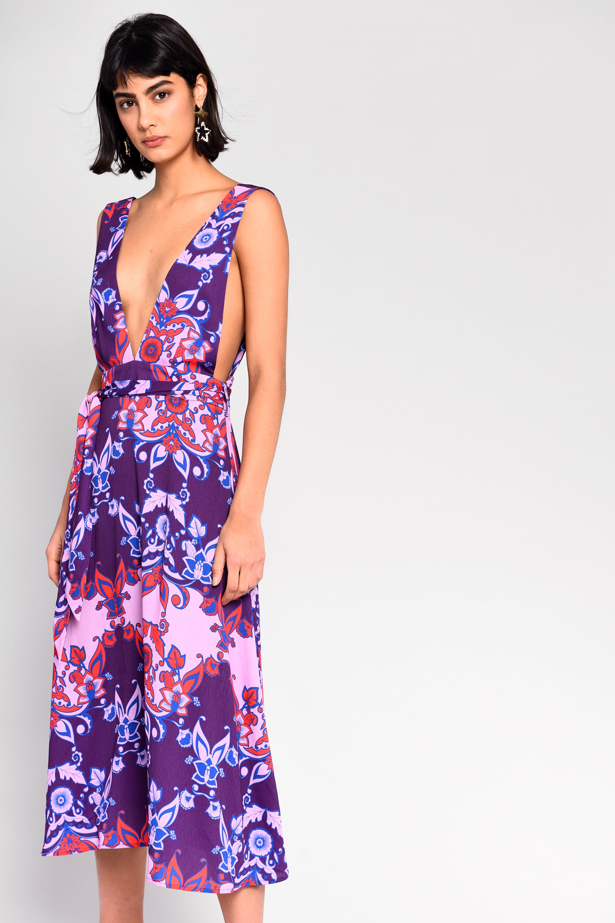 Glamorous Purple Western Print Plunge Neck Open Back Midi Dress