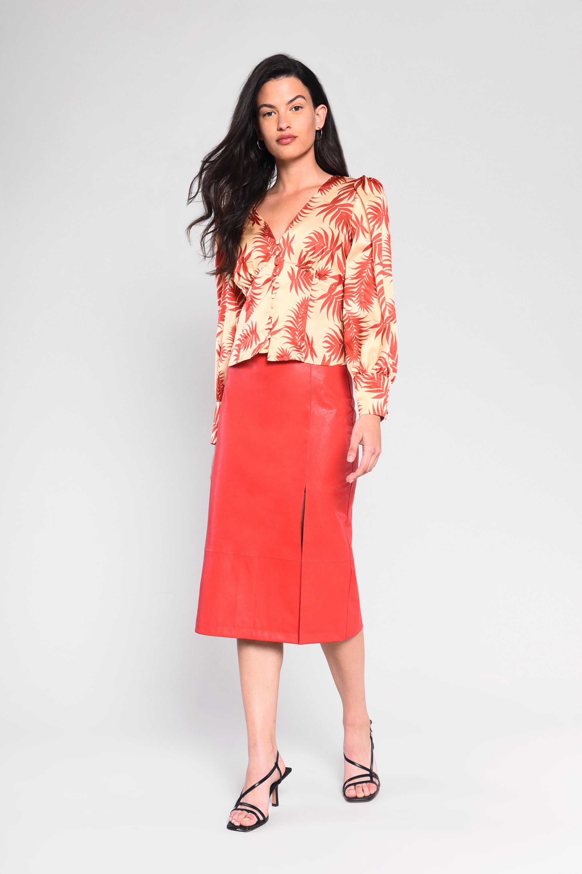 Glamorous Red PU Side Split Midi Skirt