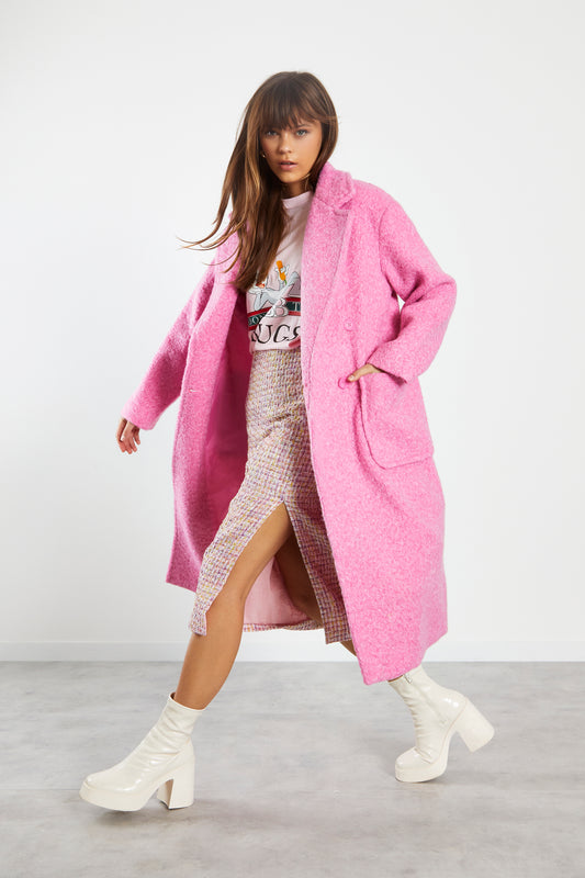 Hot Pink Faux Fur Fox Collar Girl Crush Maxi Coat