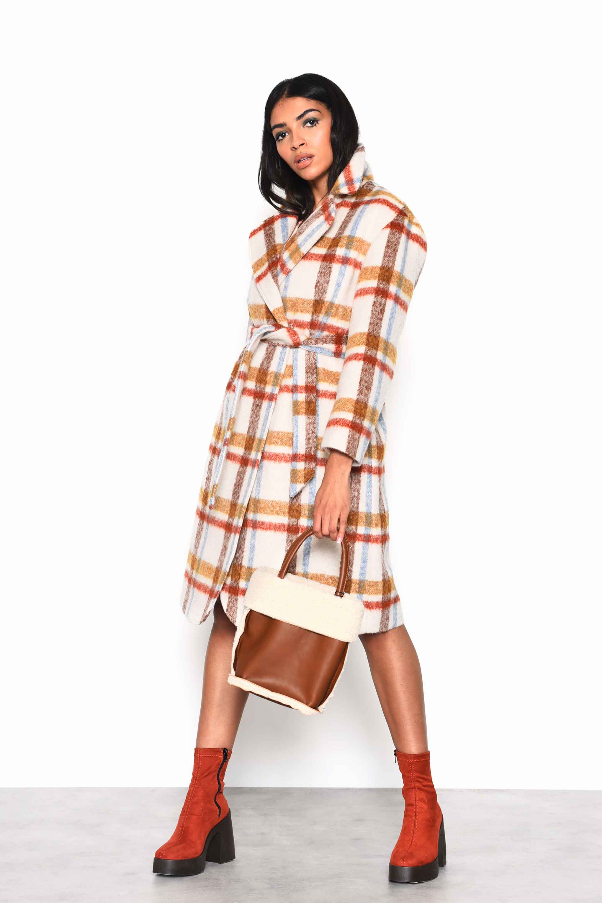 Glamorous Cream Brown Multi Check Double Breasted Longline Coat with Waist belt