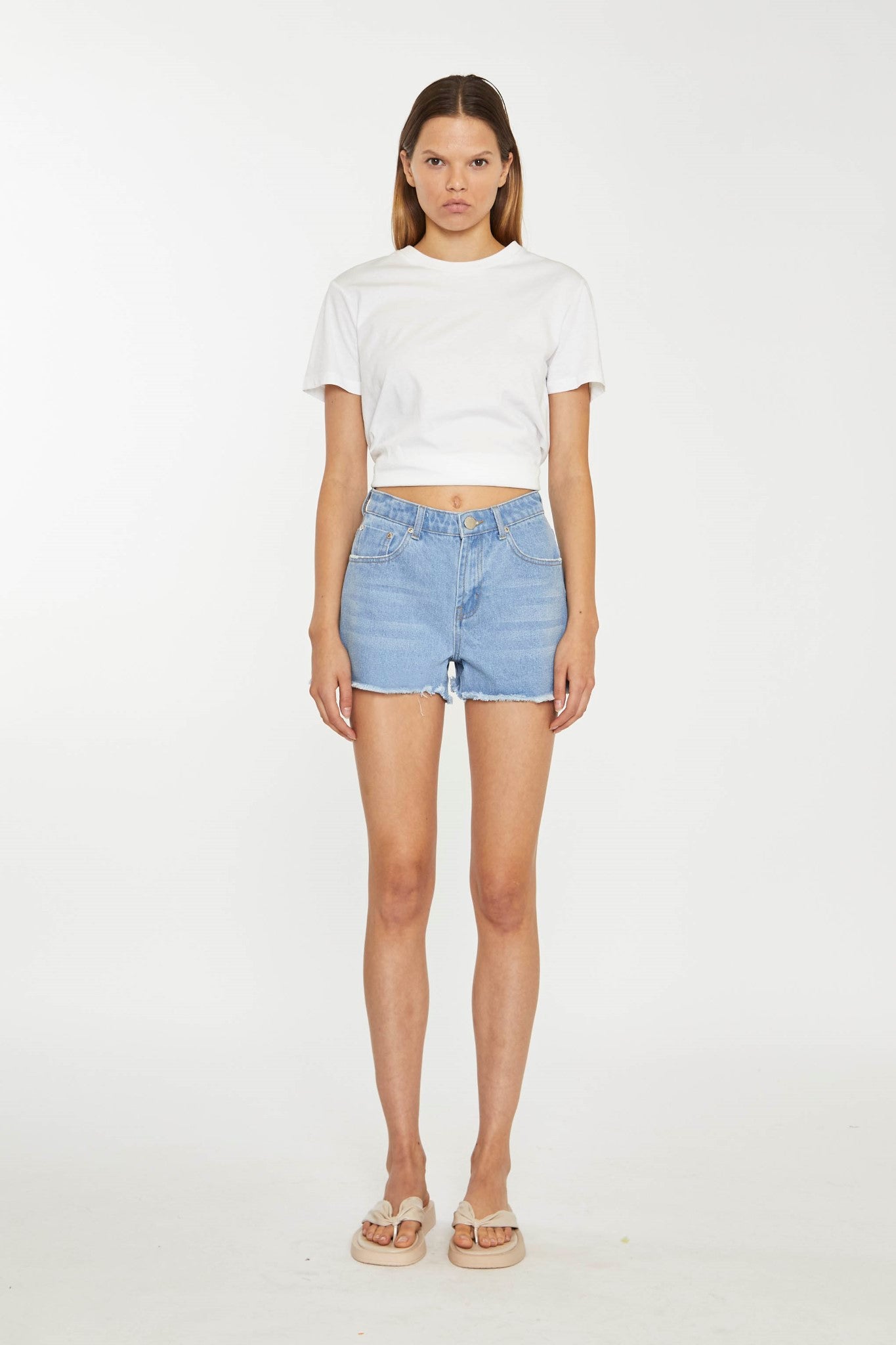 Bleach-Blue Frayed Hem Denim Shorts